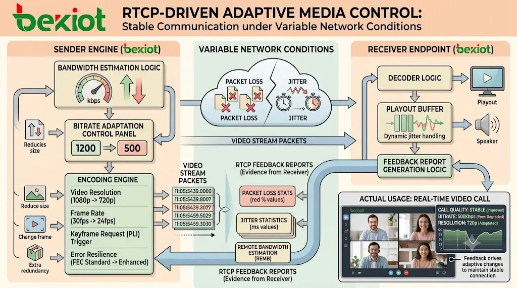RTCP adaptive media control showing packet loss jitter feedback bandwidth estimation bitrate adjustment video keyframe request and improved call quality