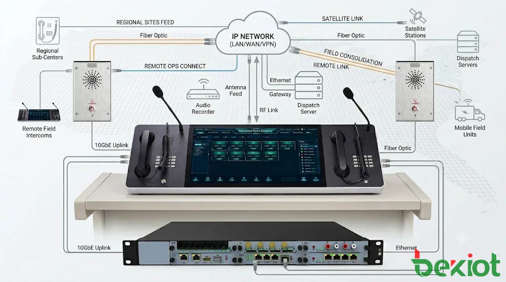 Arquitectura del sistema de despacho de radio basado en IP que muestra repetidor de radio, pasarela RoIP, servidor de despacho, consola de operador, servidor de grabación y red IP remota.