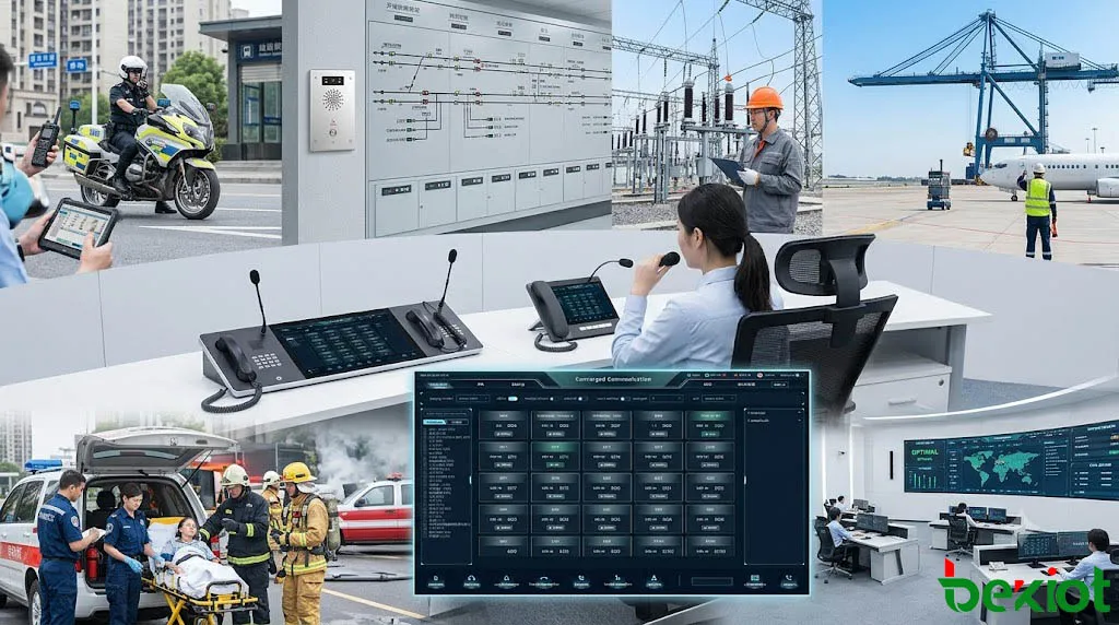 Aplicaciones industriales del despacho de radio en red mostrando seguridad pública, servicios públicos, ferrocarril, minería, puerto, aeropuerto y centro de comando de emergencia.