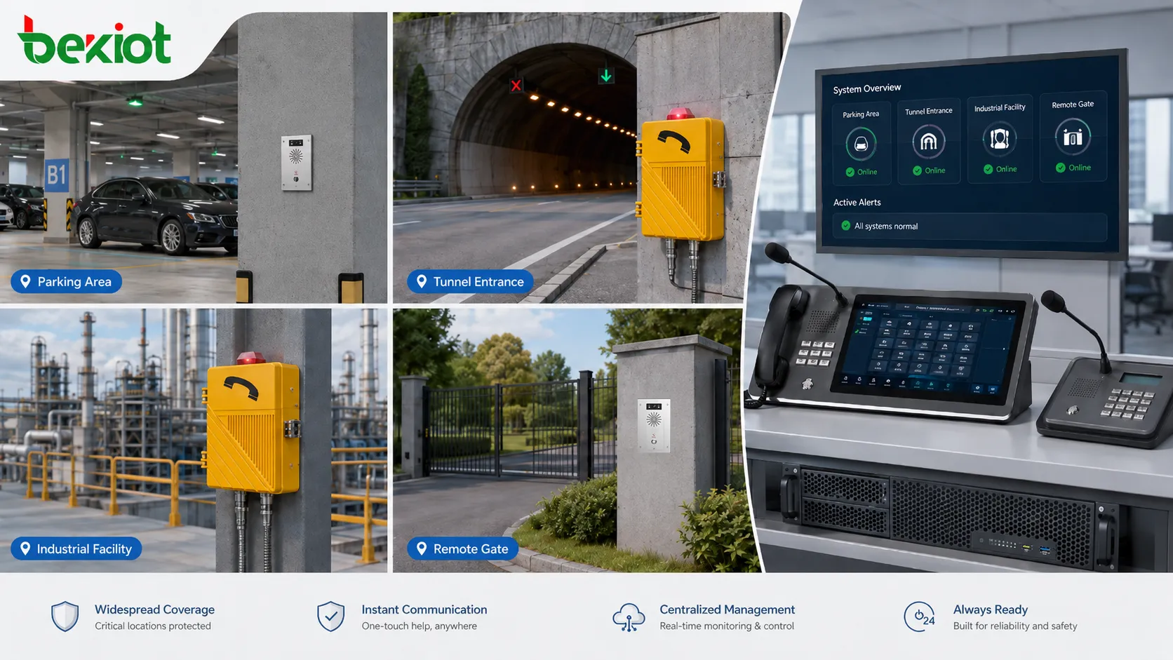 Dispositivos de llamada de emergencia en estacionamientos, entradas de túneles, plantas industriales, caminos de campus y accesos remotos