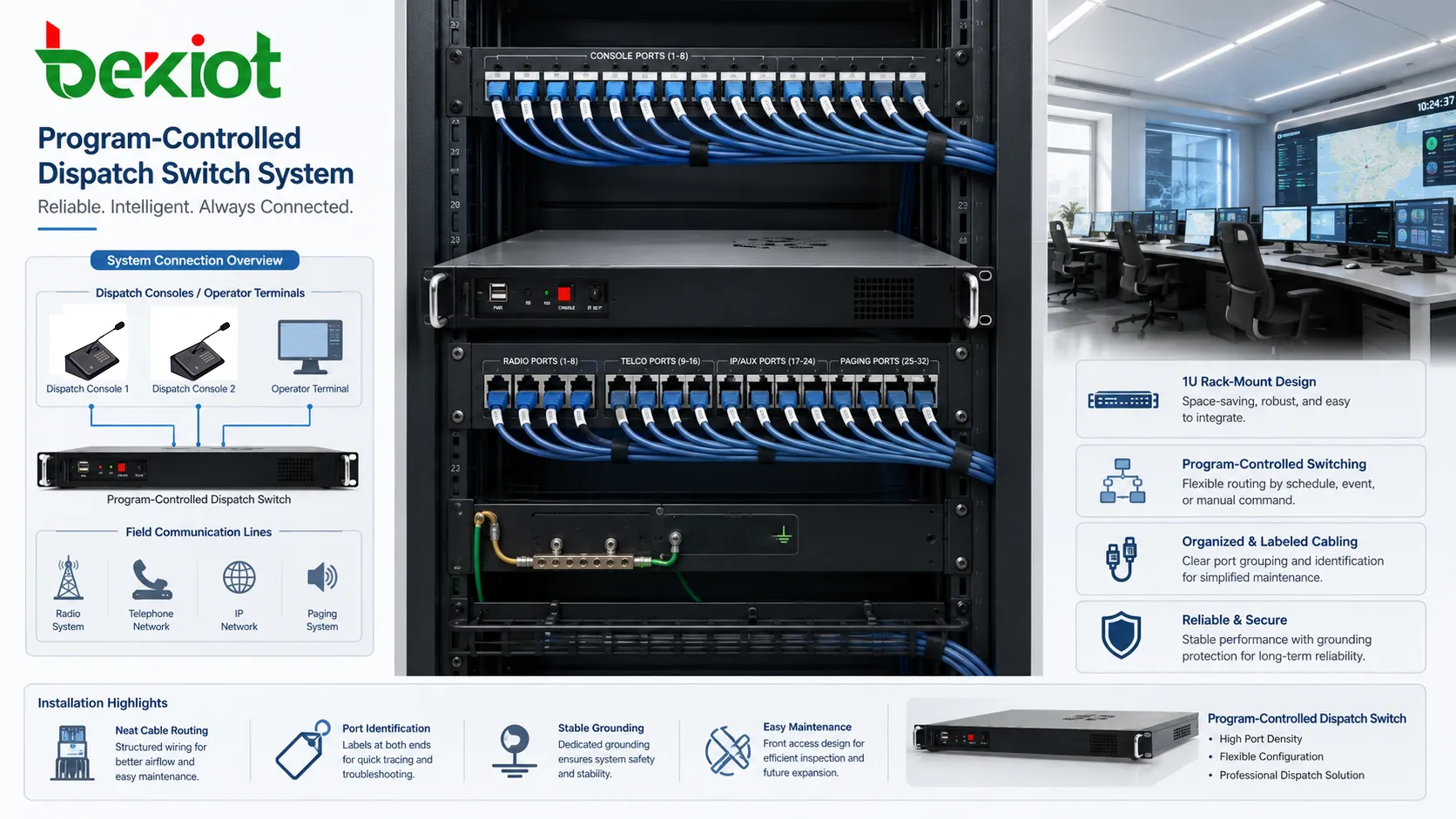 Instalación de conmutador de despacho programado con rack puertos etiquetados rutas de cable puesta a tierra y conexión a consolas