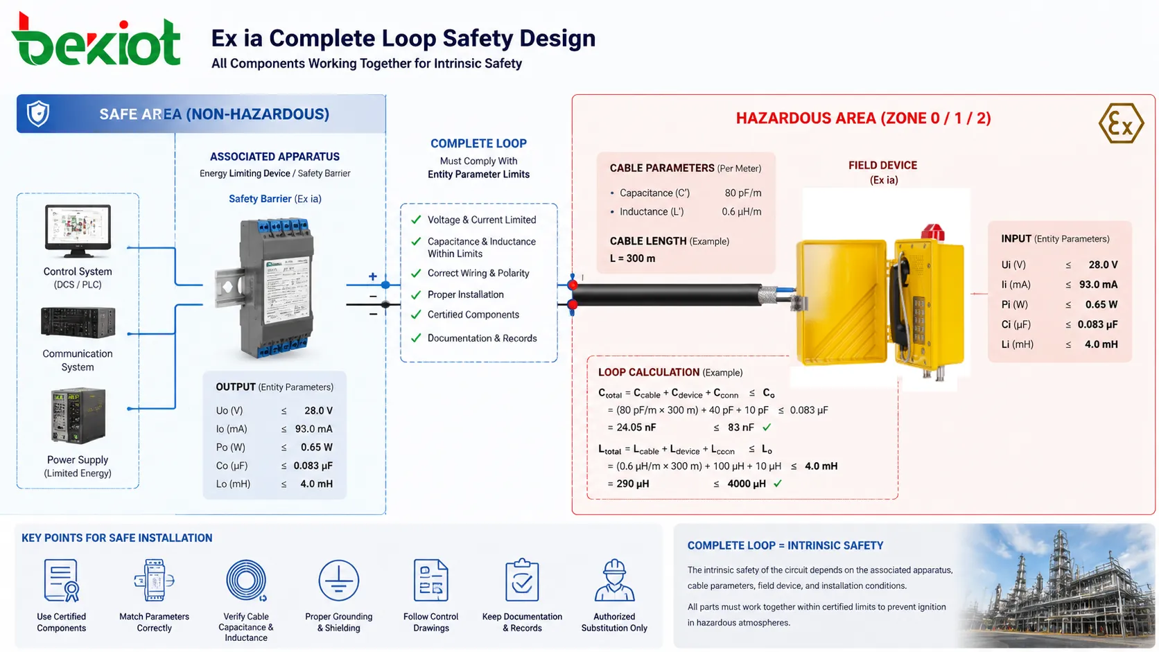 Diseño de seguridad de lazo completo Ex ia con aparato asociado, barrera de seguridad, capacitancia de cable, dispositivo de campo e instalación en área peligrosa