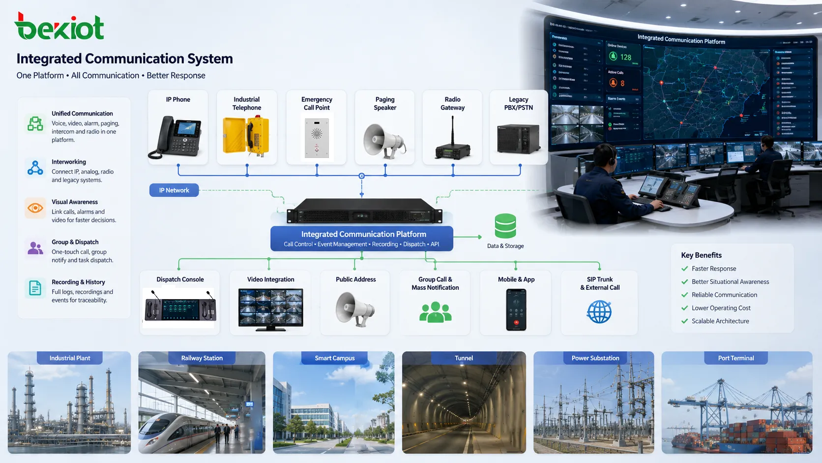Sistema de comunicación integrado que conecta teléfonos industriales, puntos de llamada de emergencia, altavoces de megafonía, puerta de enlace de radio, consola de despacho y plataforma del centro de control