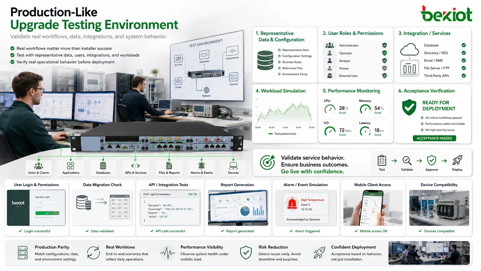 Entorno de pruebas de actualización del sistema con datos similares a producción, roles de usuario, integraciones, simulación de carga y verificación de aceptación