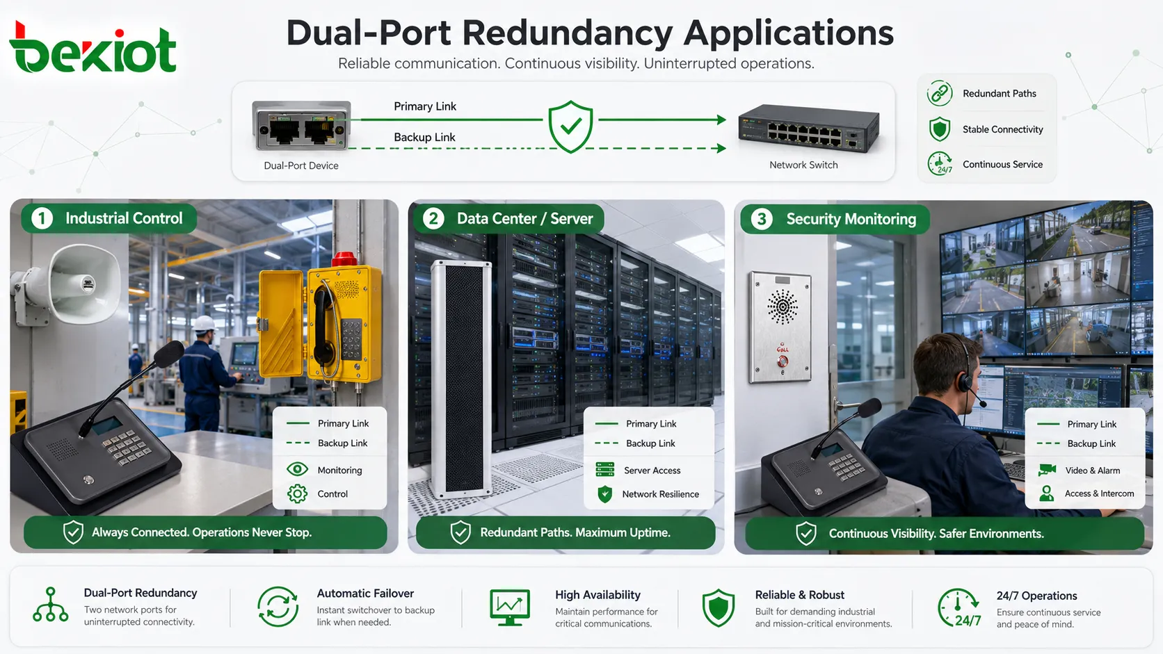 Aplicaciones de la redundancia de doble puerto en control industrial, plataformas de comunicación, servidores de centros de datos y sistemas de monitoreo de seguridad