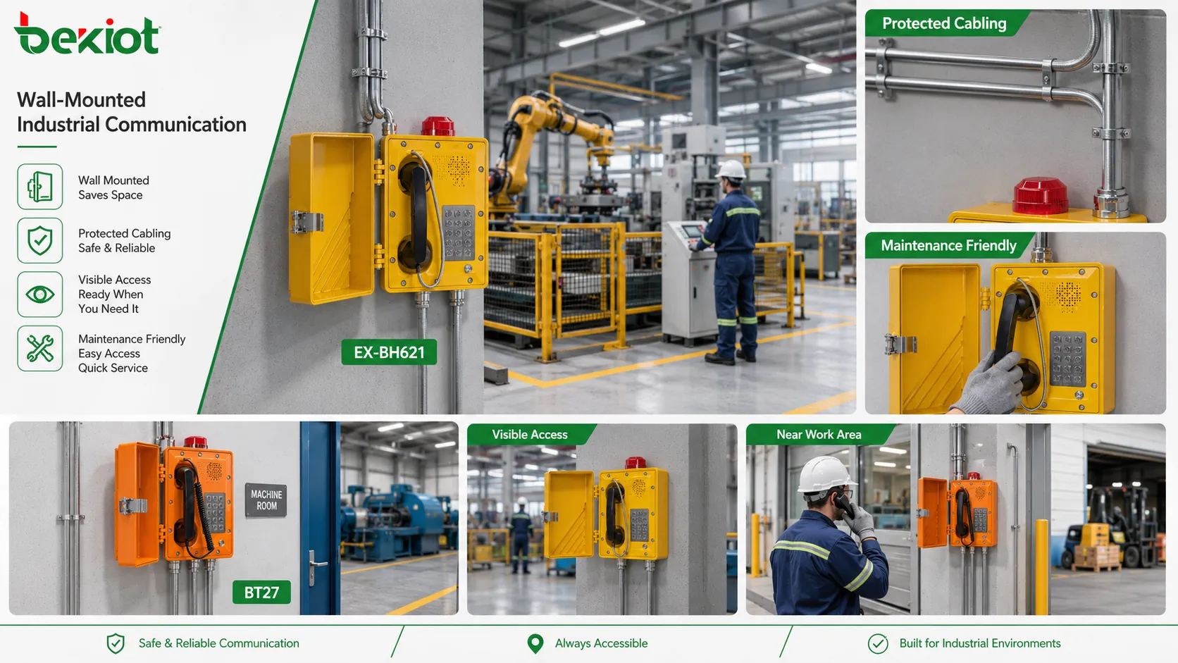 Punto de comunicación industrial mural con teléfono reforzado, carcasa protegida, entrada de cable fija y acceso visible cerca del área de producción