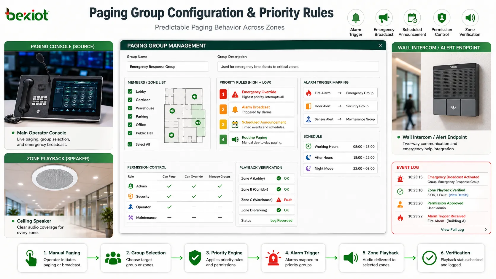 Configuración de grupo con prioridades disparo de alarmas aviso de emergencia anuncio programado control de permisos y verificación de reproducción por zona
