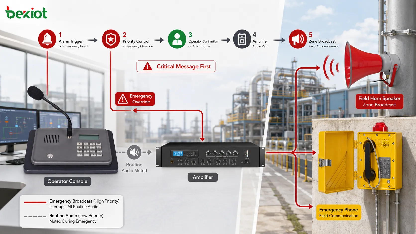 Diagrama del sistema de megafonía industrial con sistema de megafonía industrial, anulación de emergencia, disparo de alarma, evacuación, operador, prioridad y la ruta de anuncio de campo