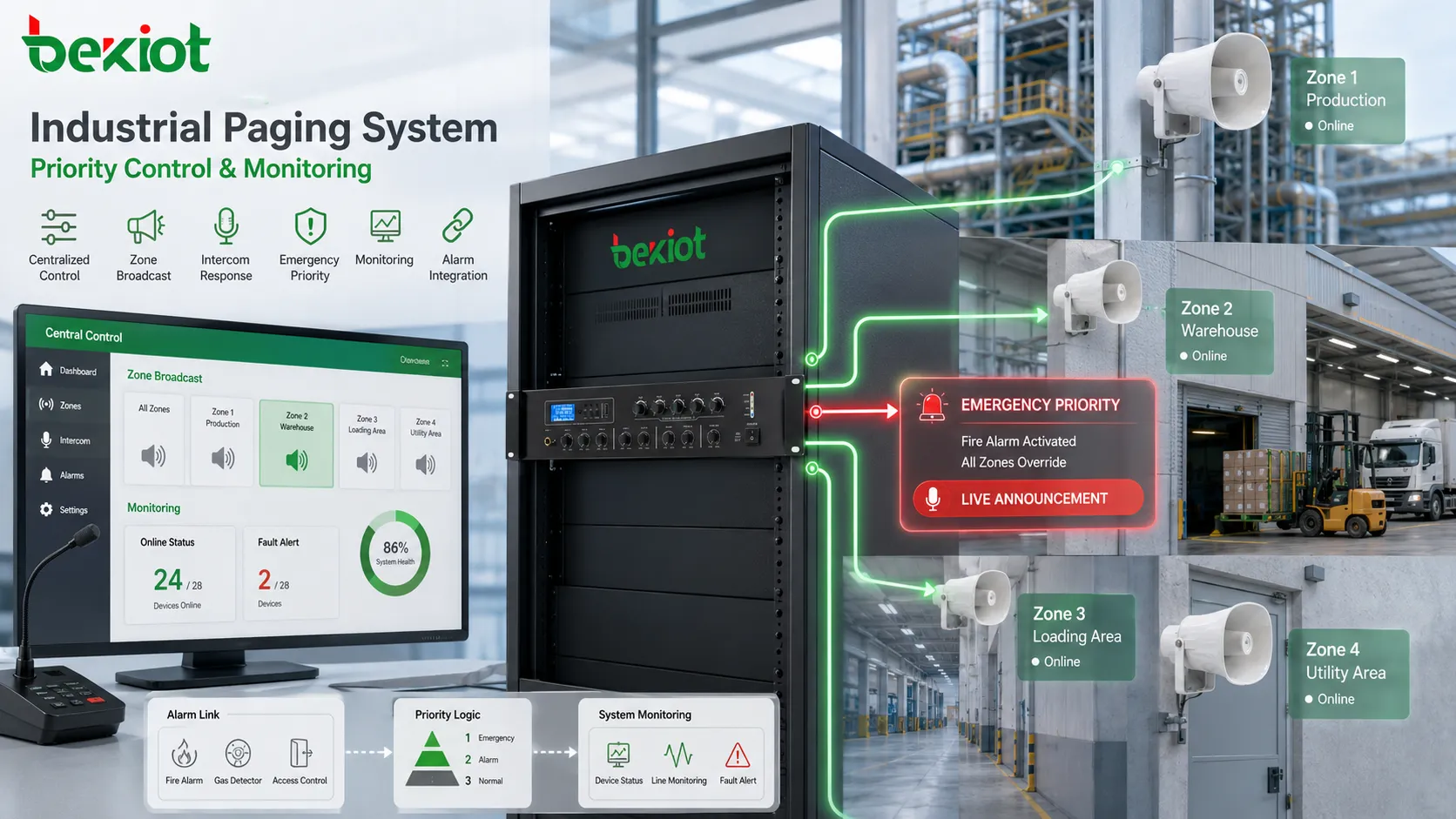 Diagrama del sistema de megafonía industrial con sistema de megafonía industrial, control centralizado, supervisión, intercomunicación, prioridad, respuesta y la ruta de anuncio de campo