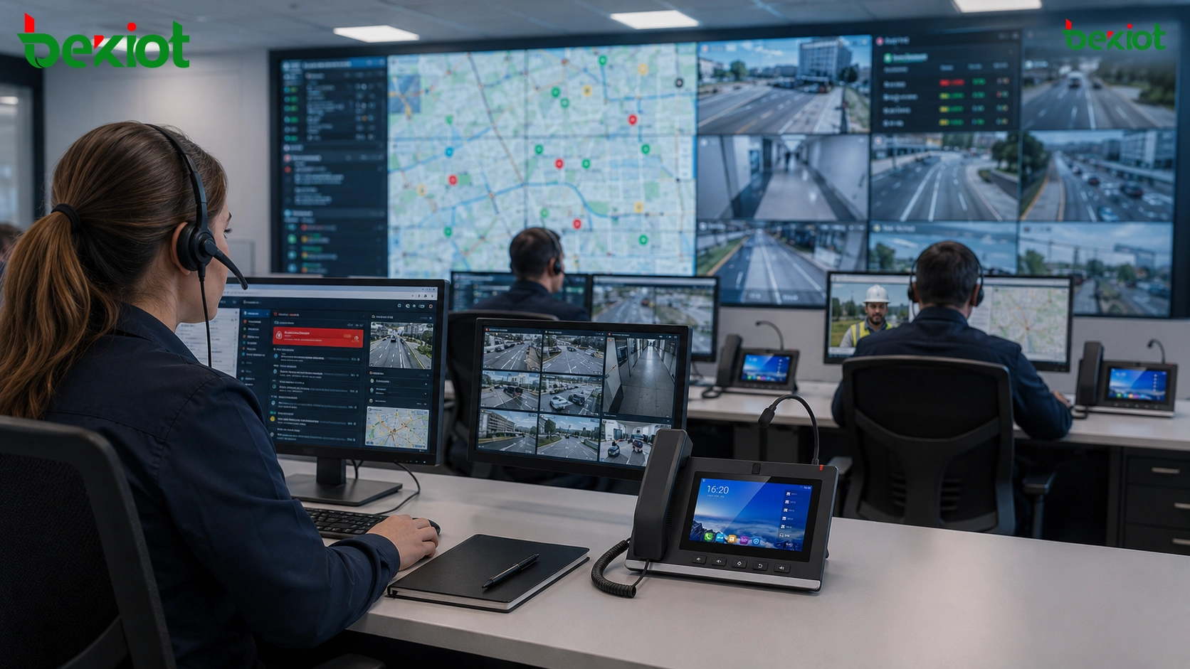 Centro de comando de emergencia que utiliza videoteléfonos para despacho visual, verificación de alarmas, comunicación de campo y coordinación multimedia