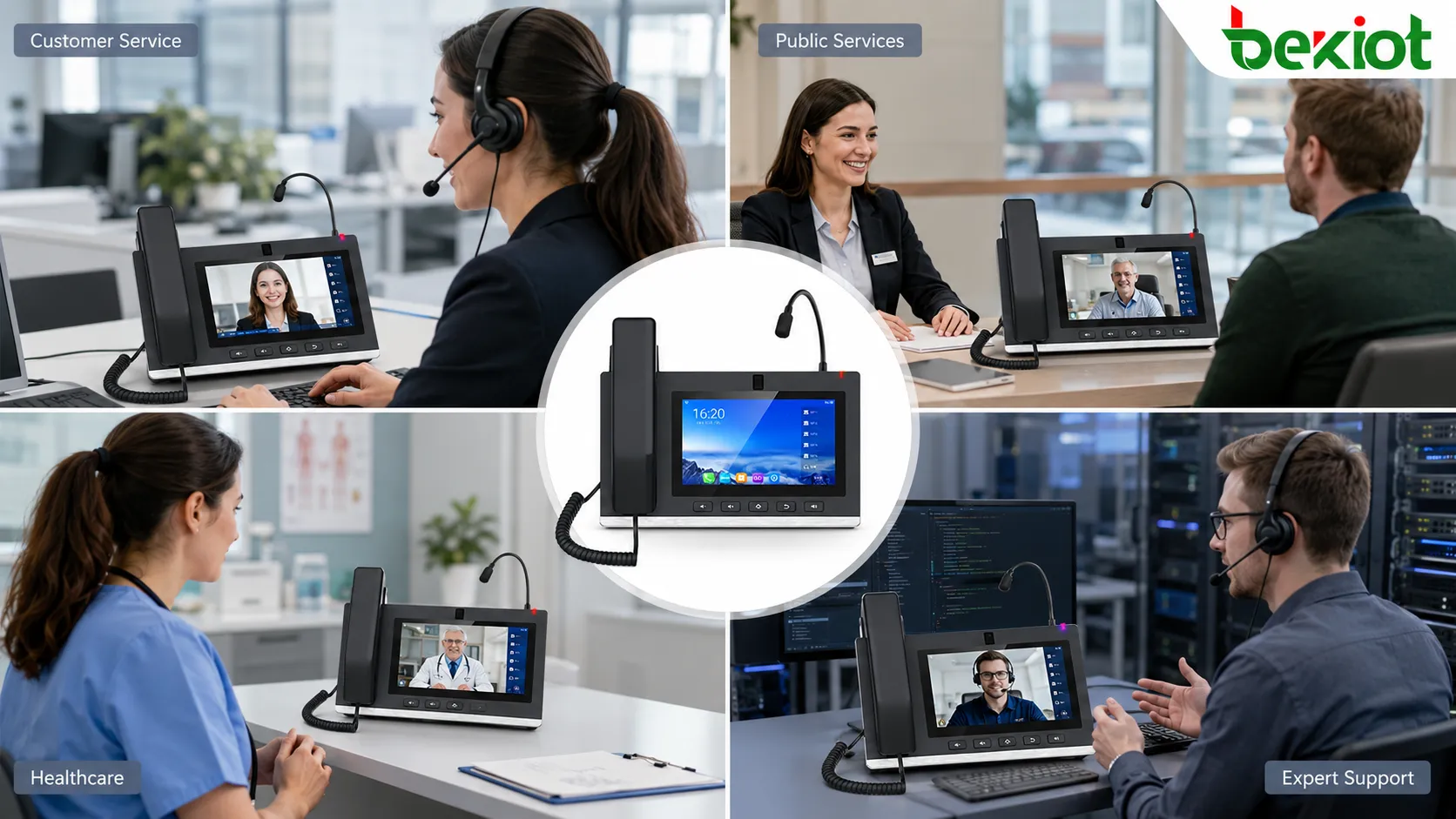 Videoteléfonos utilizados en servicio al cliente, consulta remota, servicios públicos, atención médica y escenarios de soporte experto