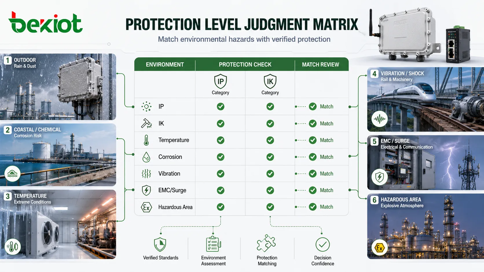 Matriz de evaluación del nivel de protección con IP, IK, temperatura, corrosión, vibración, EMC, sobretensión, certificación de áreas peligrosas y correspondencia ambiental