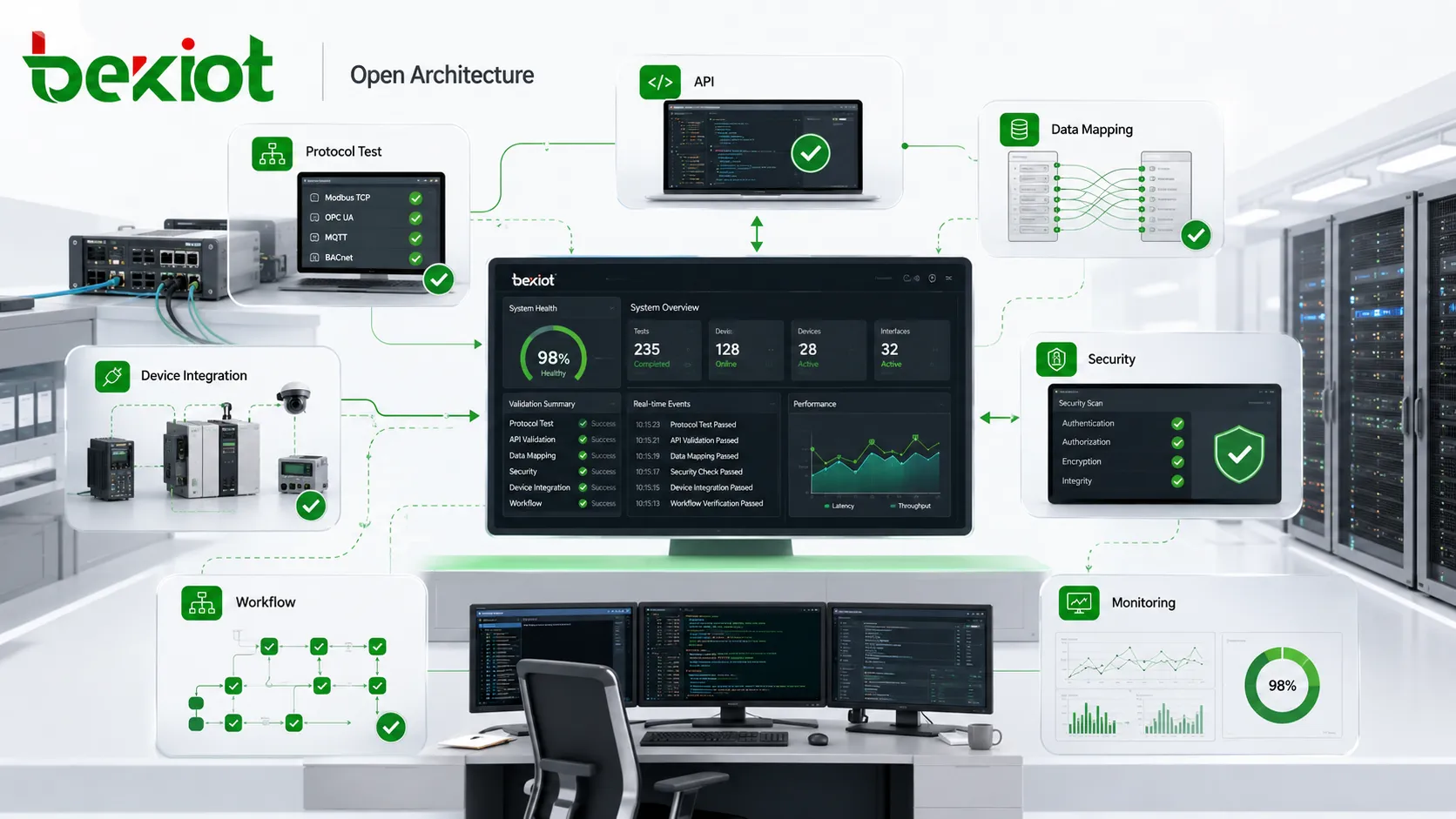 Pruebas de interoperabilidad de arquitectura abierta con compatibilidad de protocolos, validación API, mapeo de datos, seguridad, integración de dispositivos, verificación de flujo y monitoreo