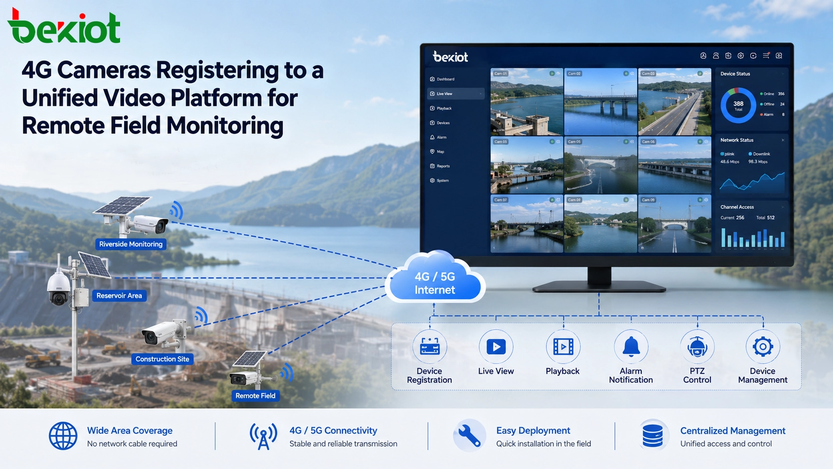 Cámaras 4G registrándose en una plataforma de video unificada para monitoreo remoto de campo