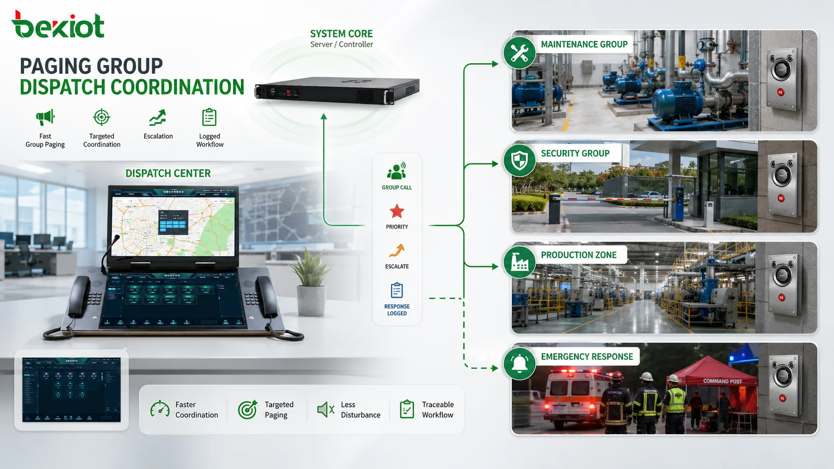 Coordinación de despacho con grupos de megafonía mostrando operador de sala de control grupo de mantenimiento grupo de seguridad zona de producción y ruta de aviso de emergencia
