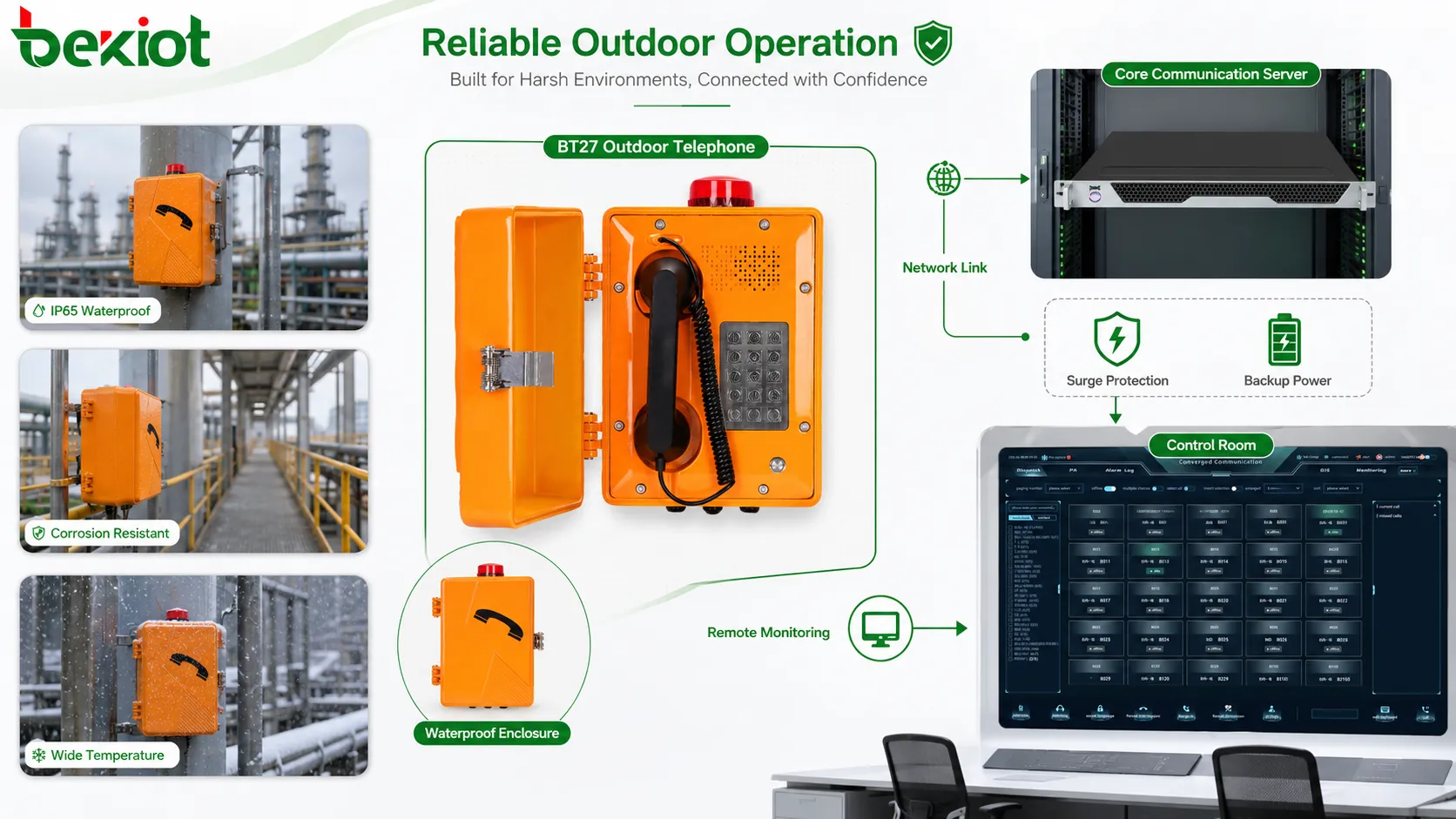 Dispositivo de comunicación exterior con teléfono impermeable, cable de red, protección contra sobretensiones, energía de respaldo, conexión a sala de control y monitoreo remoto