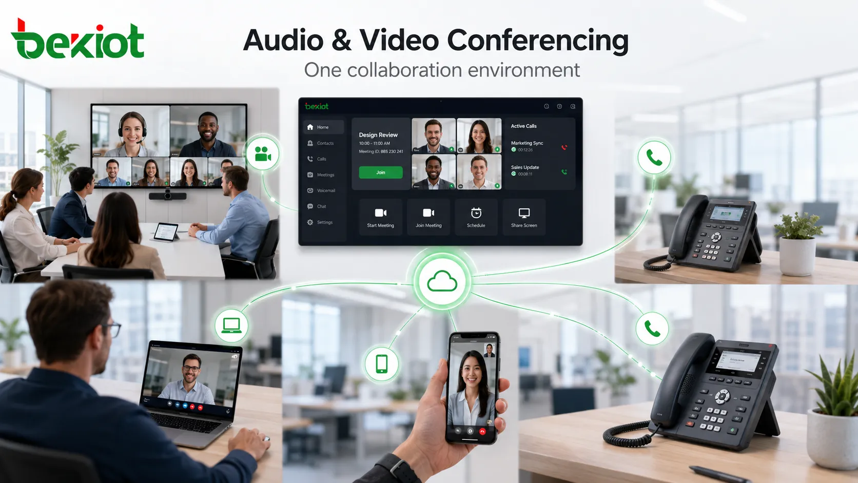 Audio conferencia integrada con salas de videoconferencia, teléfonos SIP, usuarios móviles y plataformas de comunicación empresariales