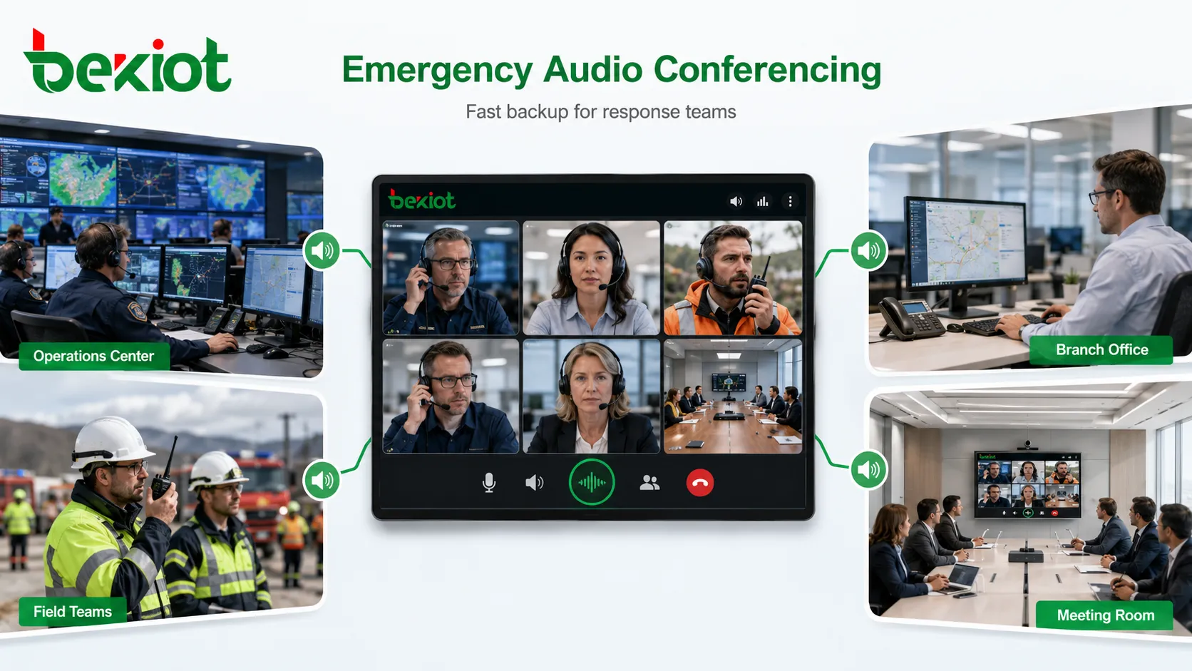 Audio conferencia de emergencia para centros de operaciones, oficinas de sucursales, equipos de campo y grandes salas de reuniones