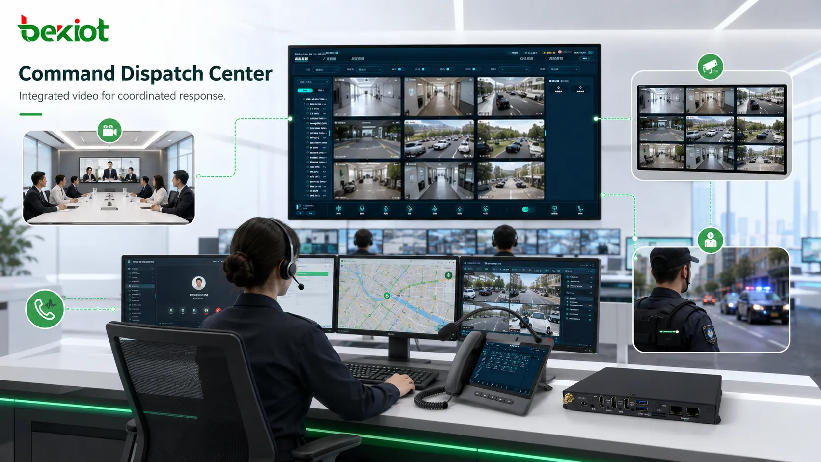 Centro de despacho de comandos que integra salas de videoconferencia, flujos de vigilancia, comunicación SIP y dispositivos de video de campo