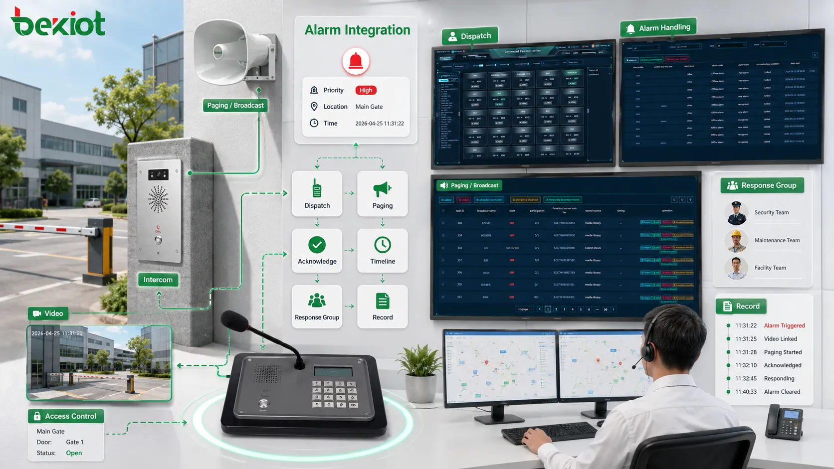Panel de valor de integración de alarmas con prioridad, ubicación, video relacionado, grupo de respuesta, notificación, acuse y línea de tiempo