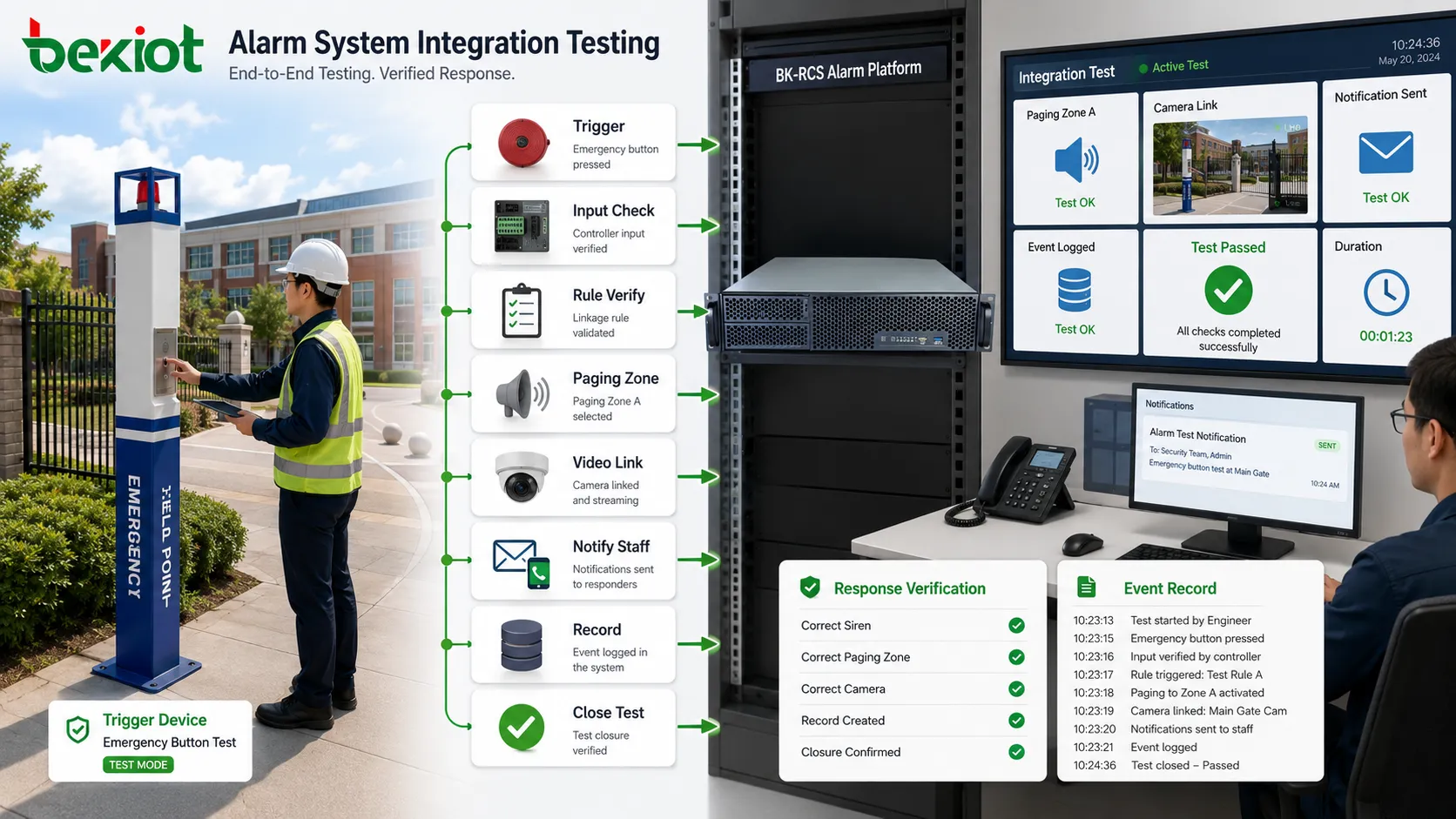 Prueba de integración de disparador de alarma con botón de emergencia, detector, controlador, plataforma BK-RCS, zona de megafonía, notificación, video y verificación de respuesta