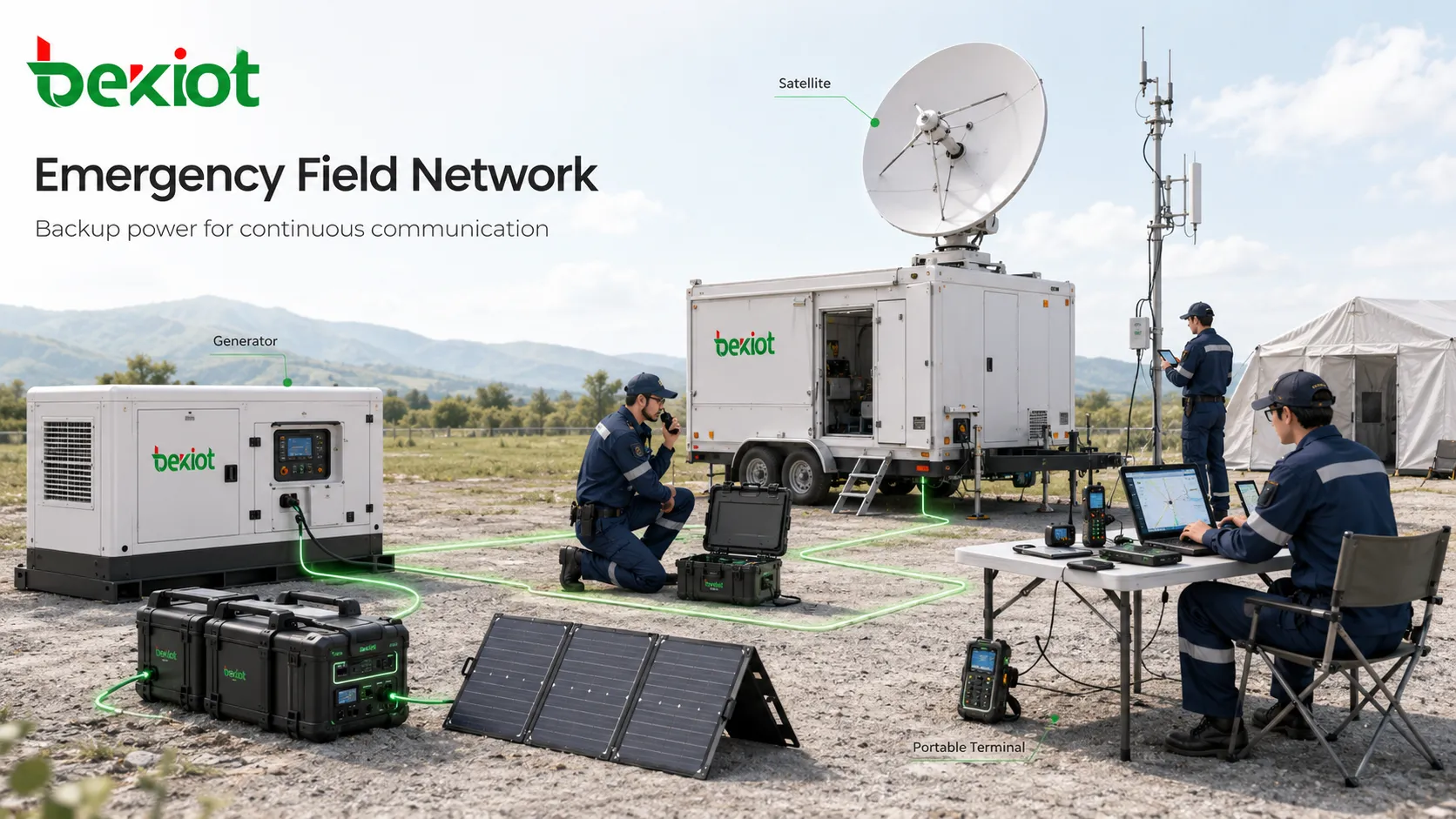 Red de campo de mando de emergencias con comunicación por satélite, generador de energía de respaldo y terminales portátiles