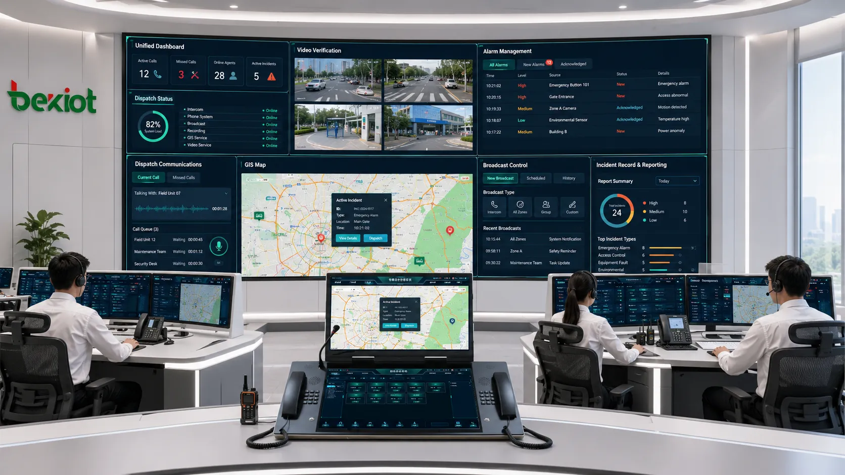Módulos funcionales del centro de mando que muestran panel unificado, verificación de video, gestión de alarmas, mapa GIS, despacho, comunicación, registro de incidentes y flujo de trabajo de reportes
