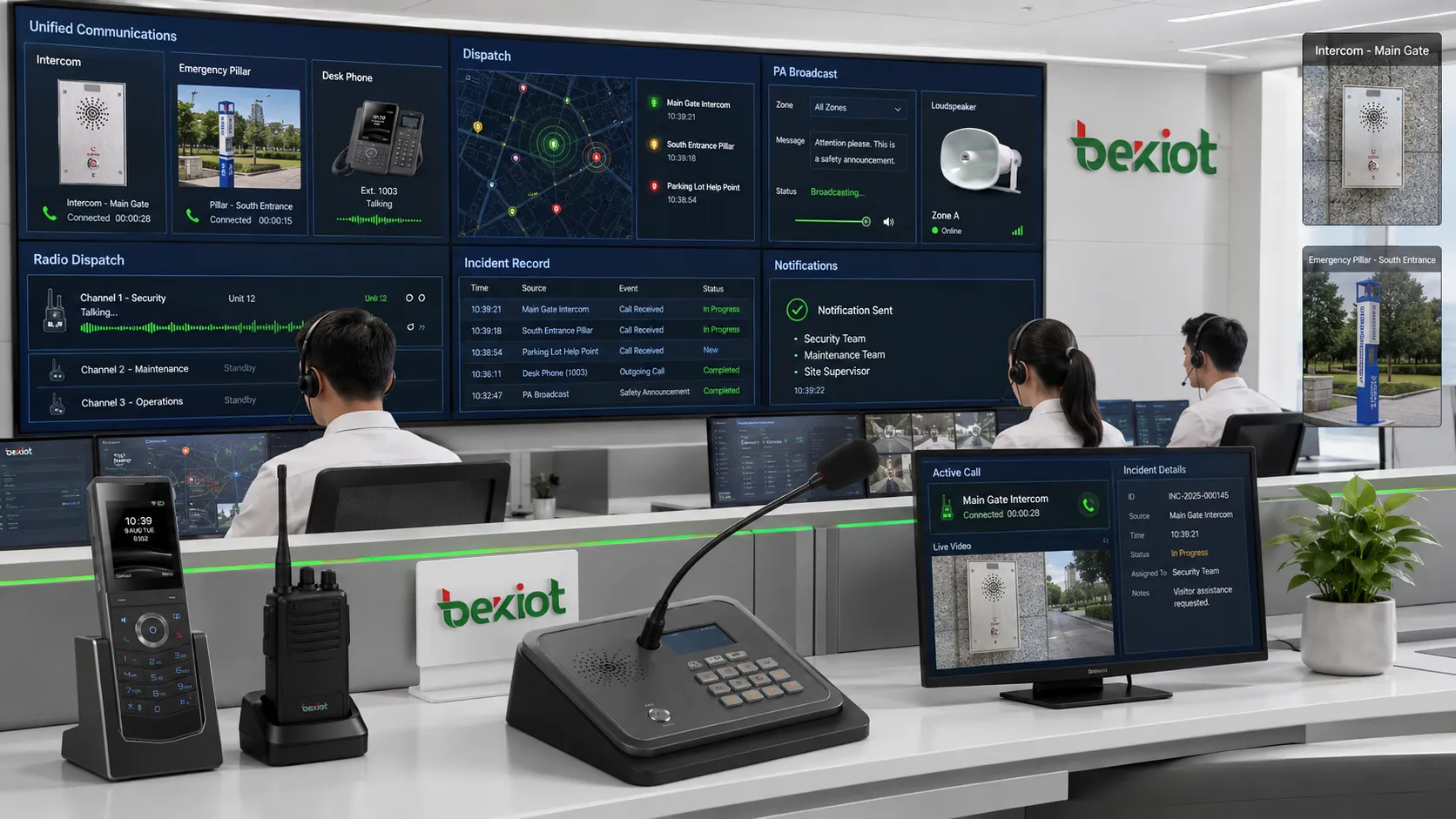 Despacho de comunicación del centro de mando que muestra llamada de voz del operador, anuncio por megafonía, punto de ayuda por intercomunicador, notificación móvil, puerta de enlace de radio y vinculación con el registro de incidentes