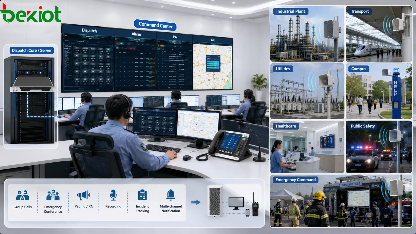 Escenarios del Sistema de Comando y Despacho con planta industrial centro de transporte energía campus hospital seguridad pública y comando de emergencia