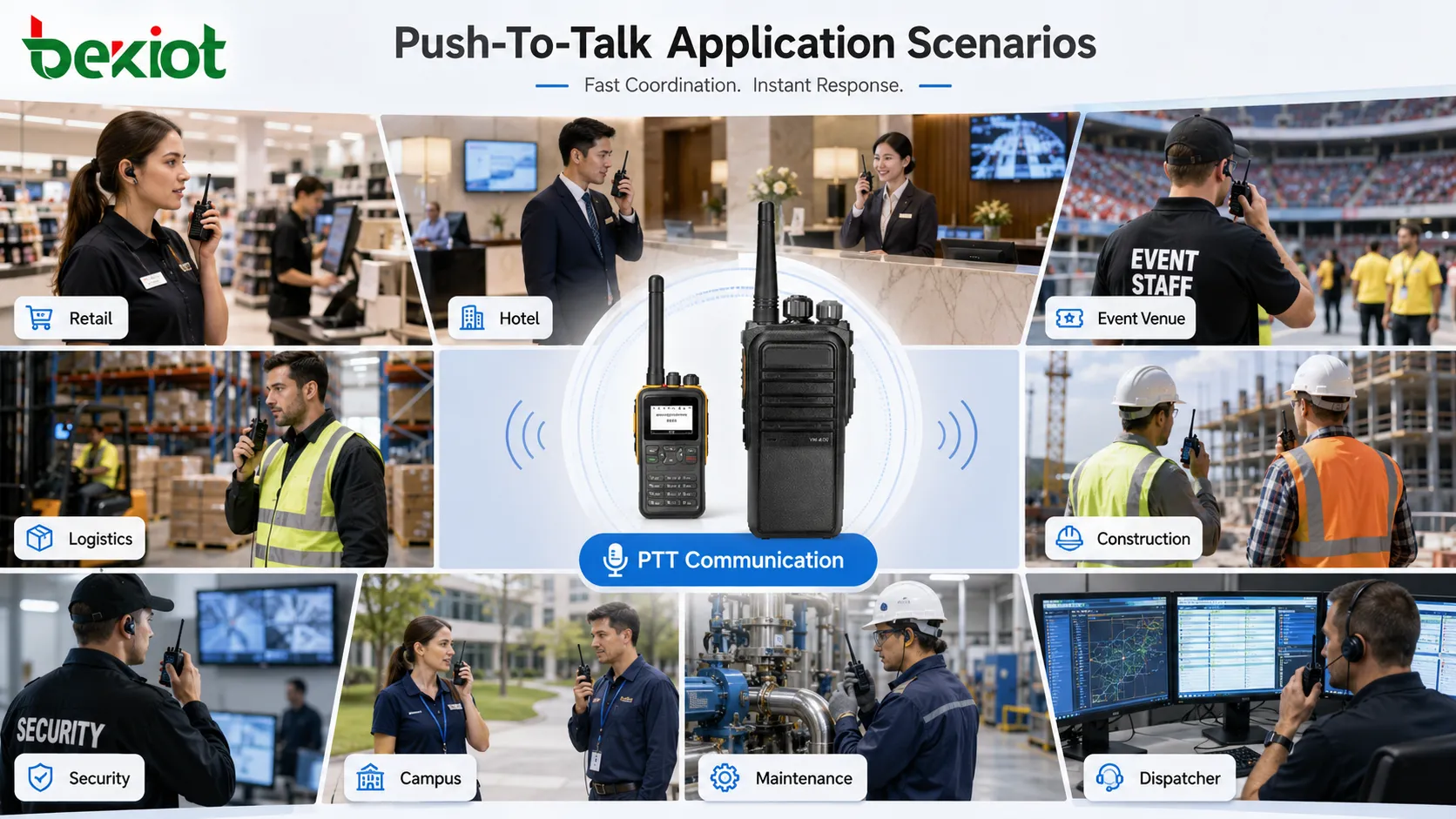 Escenarios de aplicación Push-To-Talk con patrulla de seguridad, mantenimiento industrial, flota logística, obra, campus y coordinación del despachador