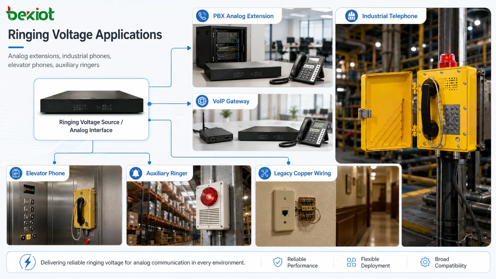 Aplicaciones de la tensión de timbre mostrando extensión analógica de centralita, ATA VoIP, teléfono de ascensor, teléfono industrial, timbrador auxiliar y cableado de cobre heredado