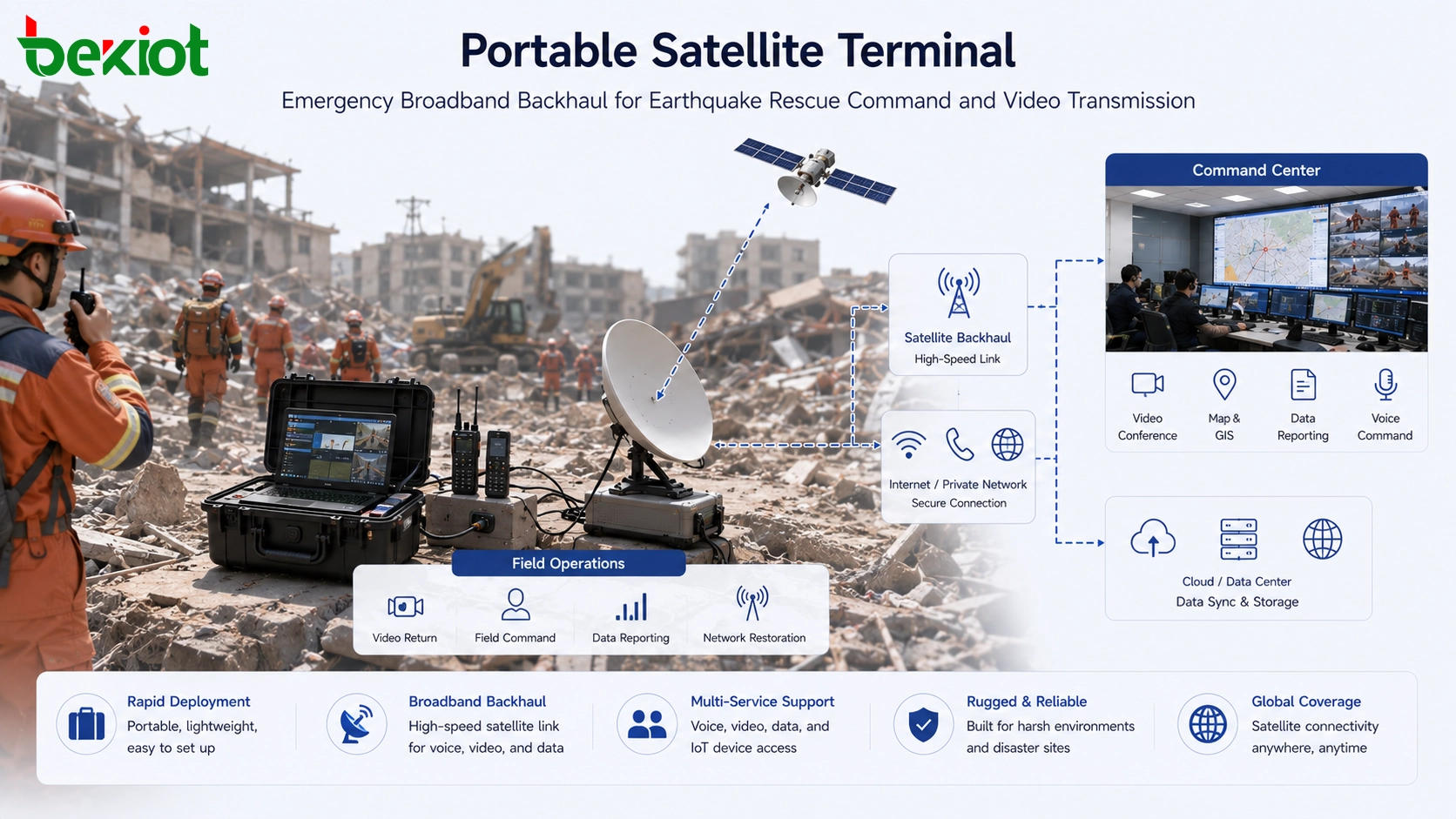 Terminal satelital portátil que proporciona retransmisión de banda ancha de emergencia para el mando de rescate tras terremotos y transmisión de video