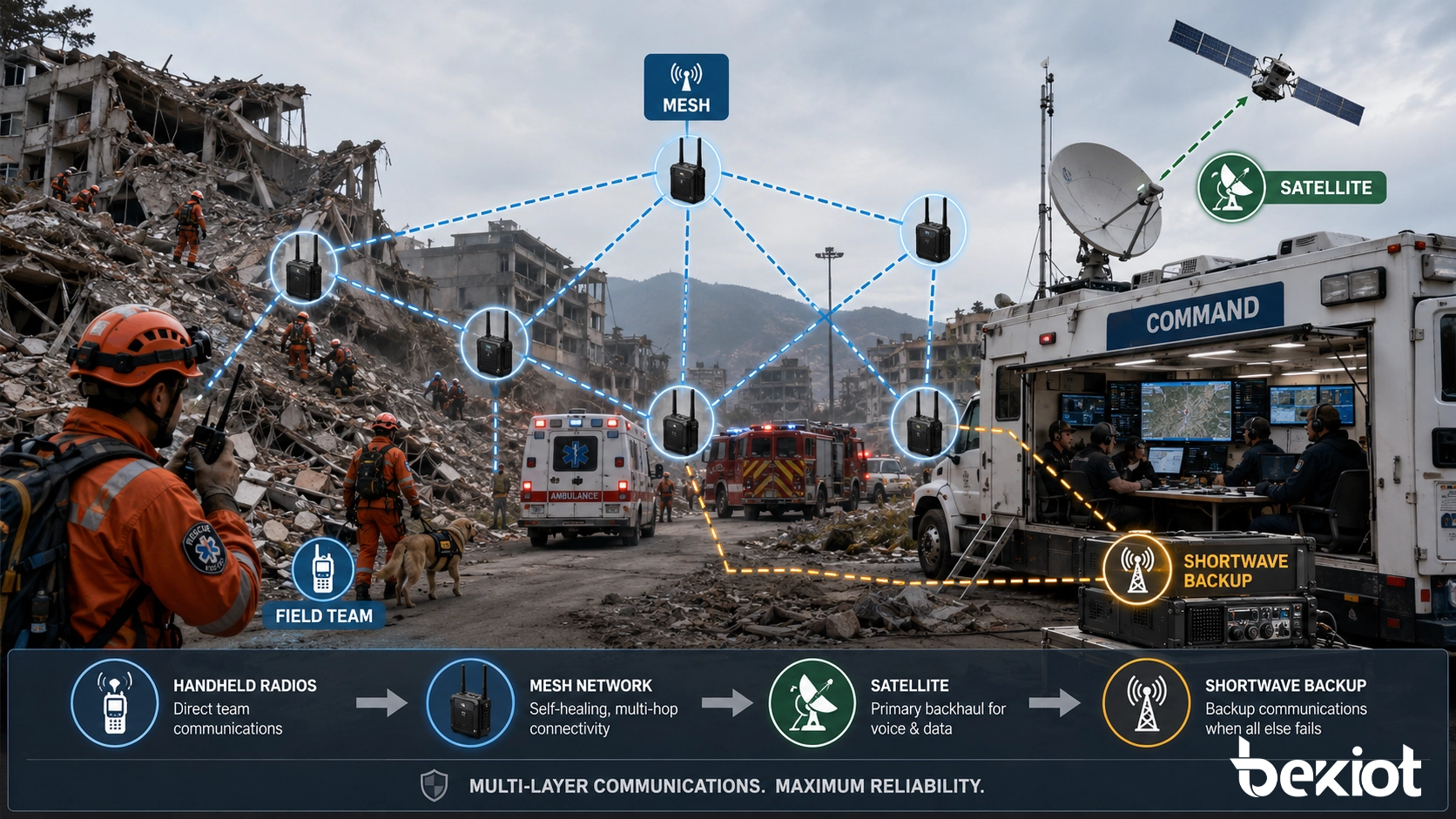 Red de comunicación de mando de emergencia para rescate tras terremotos con radios, malla, retransmisión satelital y respaldo de onda corta