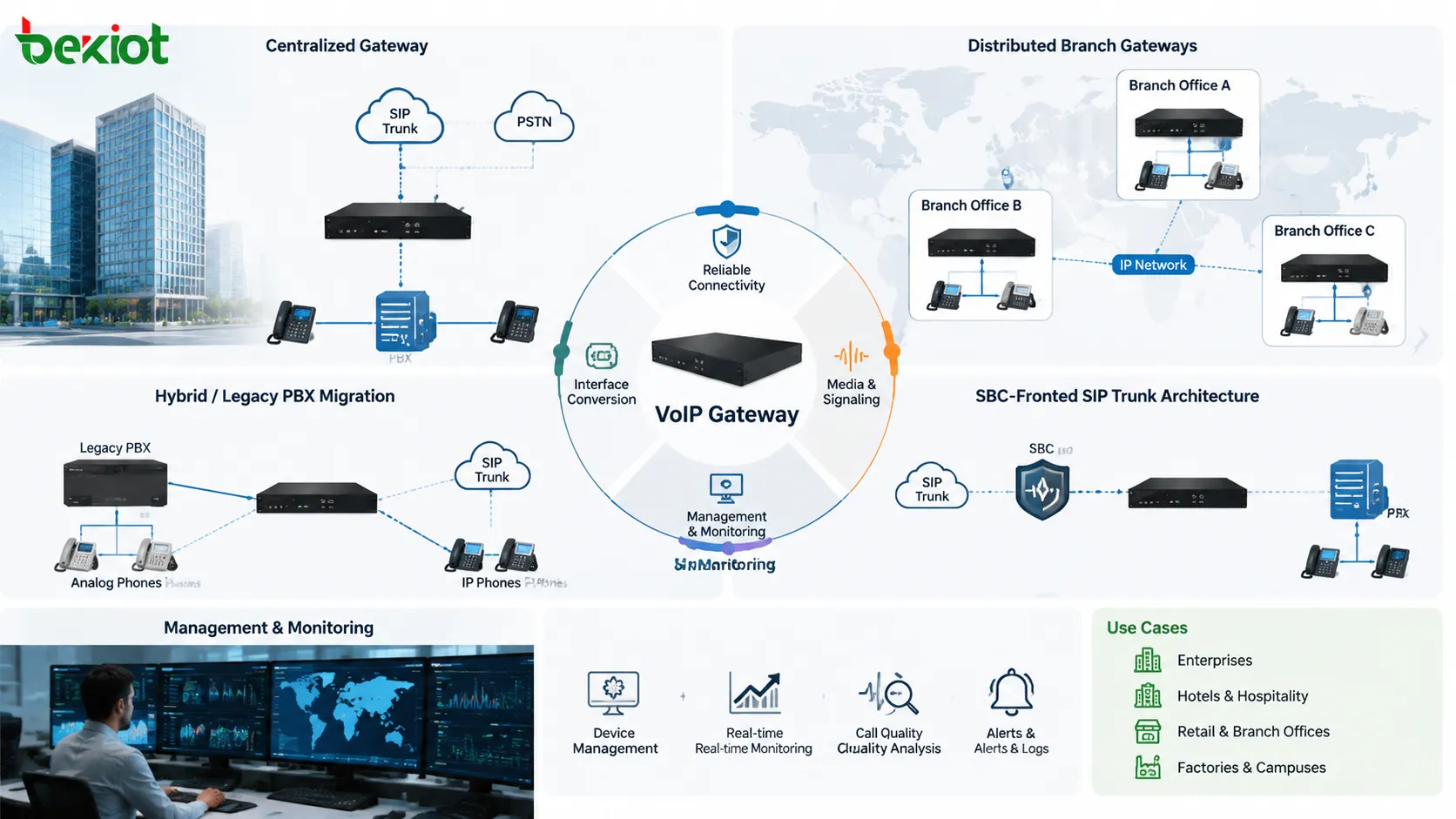 Patrones de despliegue de pasarela VoIP con arquitectura centralizada, pasarelas distribuidas, migración PBX híbrida, SIP trunk con SBC frontal y gestión