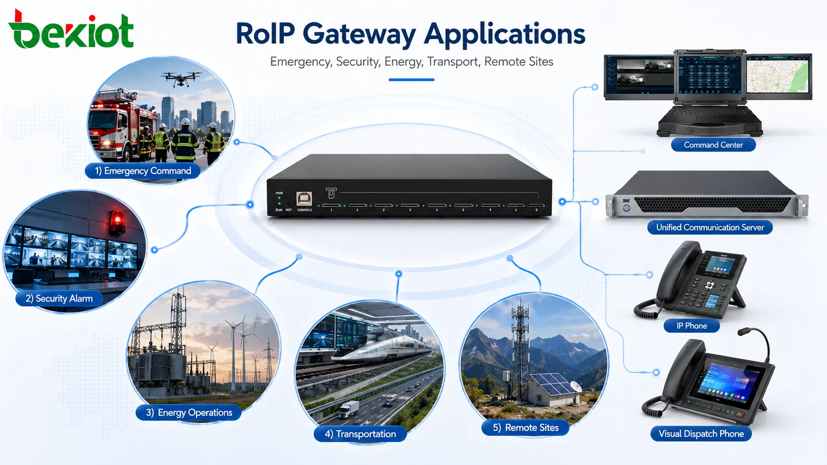 Aplicaciones de la puerta de enlace RoIP en comando de emergencia, vinculación de alarmas de seguridad, energía, transporte y comunicación en sitios remotos