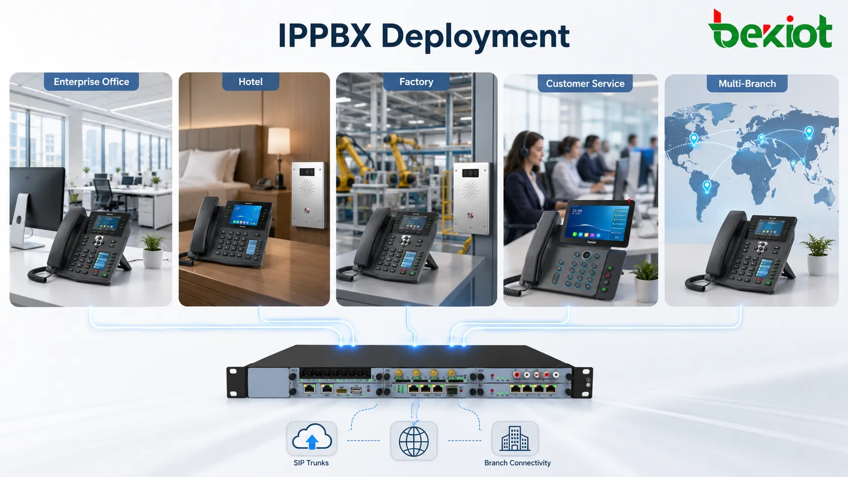 Implementación de IPPBX en oficinas empresariales, hoteles, fábricas, centros de servicio al cliente y organizaciones con múltiples sucursales