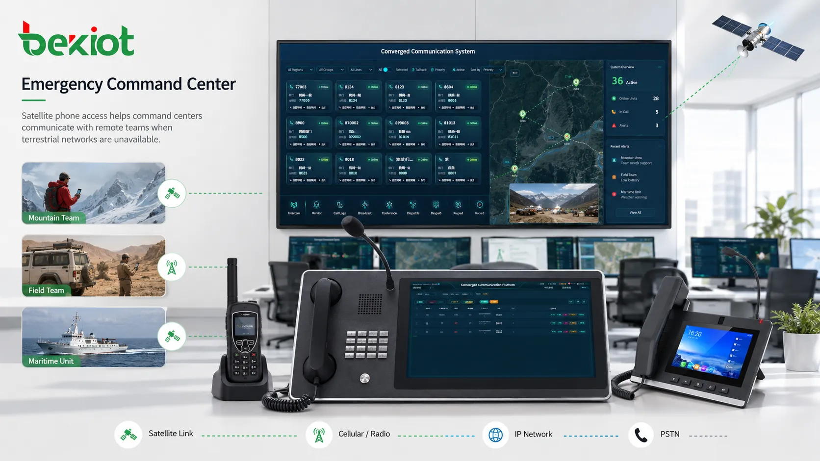 Centro de comando de emergencia que utiliza teléfonos satelitales, teléfonos IP y consolas de despacho para comunicaciones de campo
