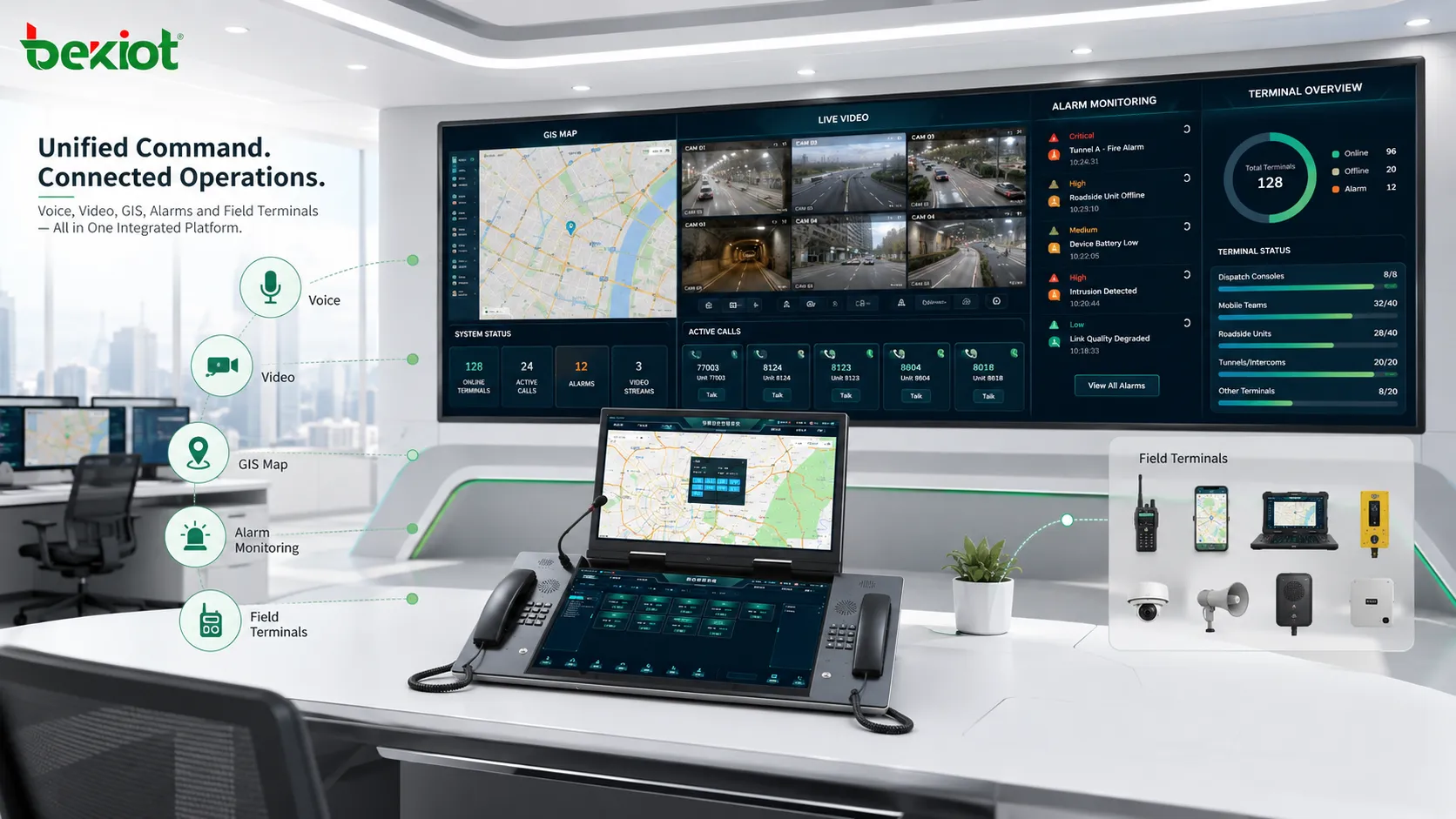 Consola de despacho de centro de mando multipantalla que integra voz, video, GIS, alarmas y terminales de campo