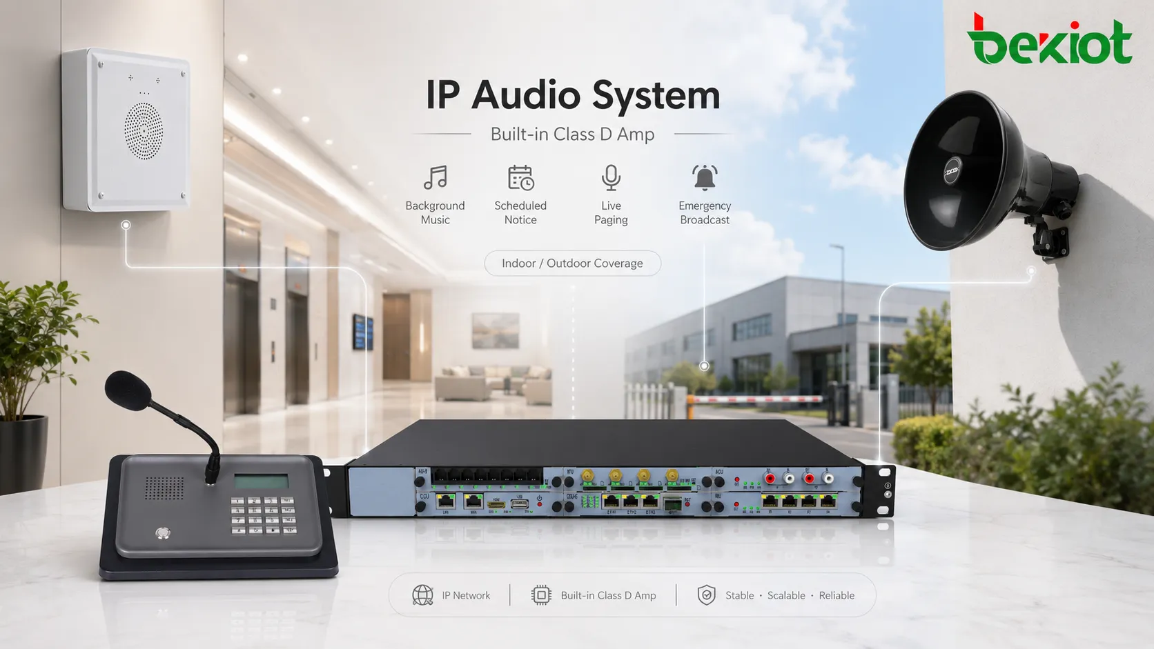 Arquitectura de sistema de audio SIP con servidor SIP switch PoE altavoces de red y transmisión de música ambiental