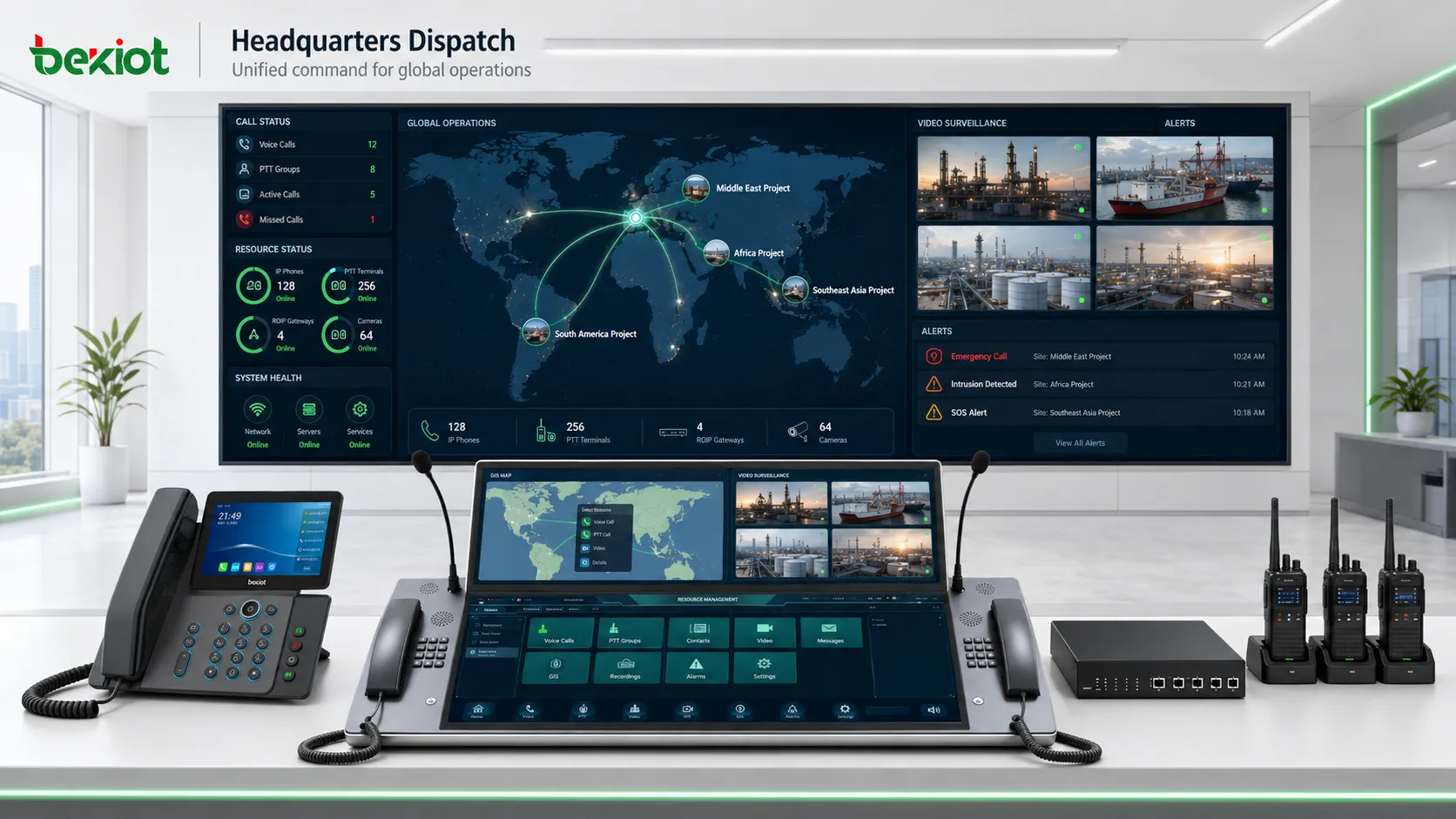 Consola de despacho de la sede central gestionando teléfonos IP, terminales PTT, pasarelas ROIP, videovigilancia y SIG en el extranjero