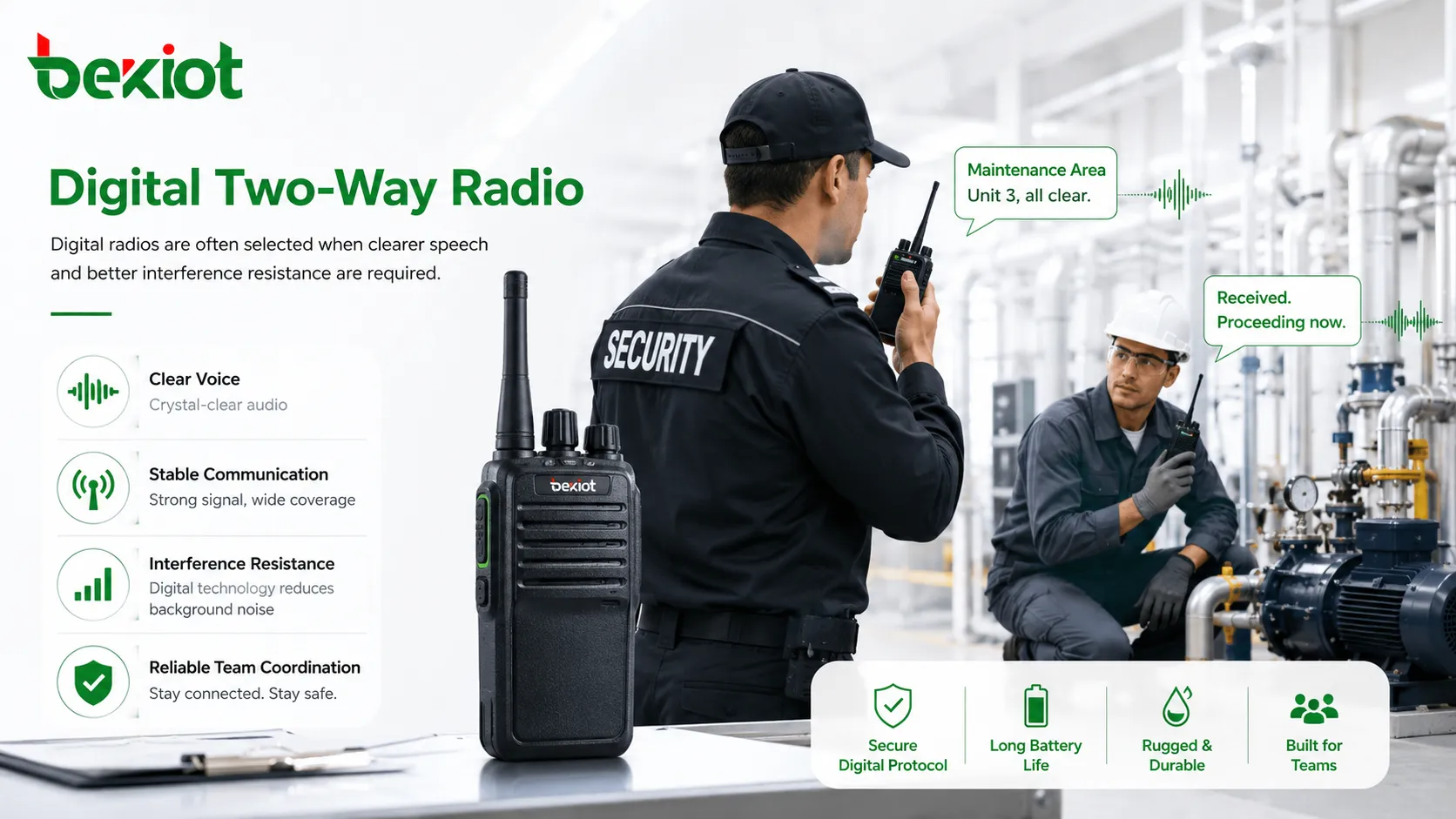 Radio bidireccional digital que proporciona comunicación de voz clara para equipos de seguridad y mantenimiento industrial