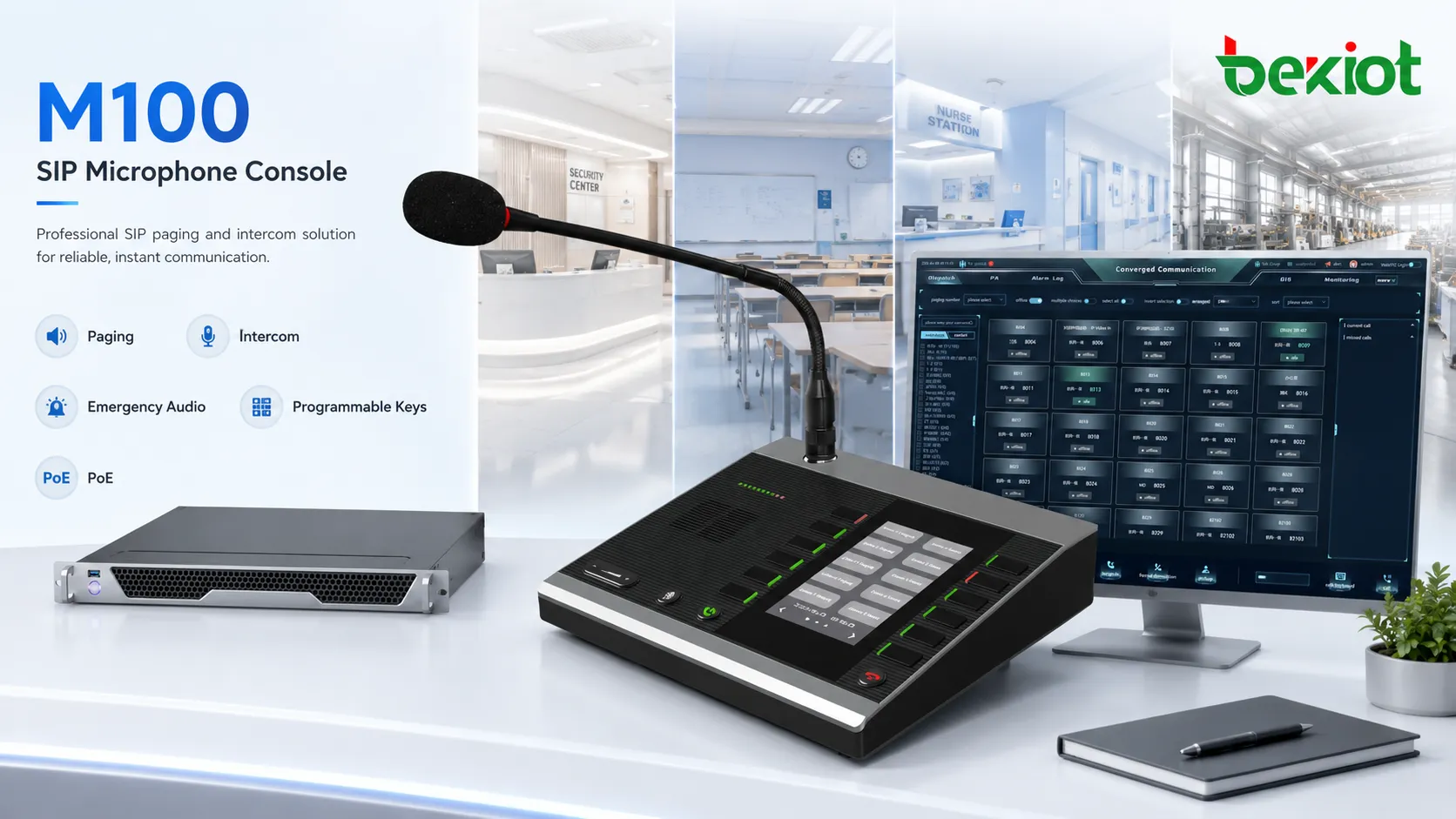Consola de micrófono SIP M100 con micrófono de cuello de cisne, teclas programables y controles de paging de escritorio