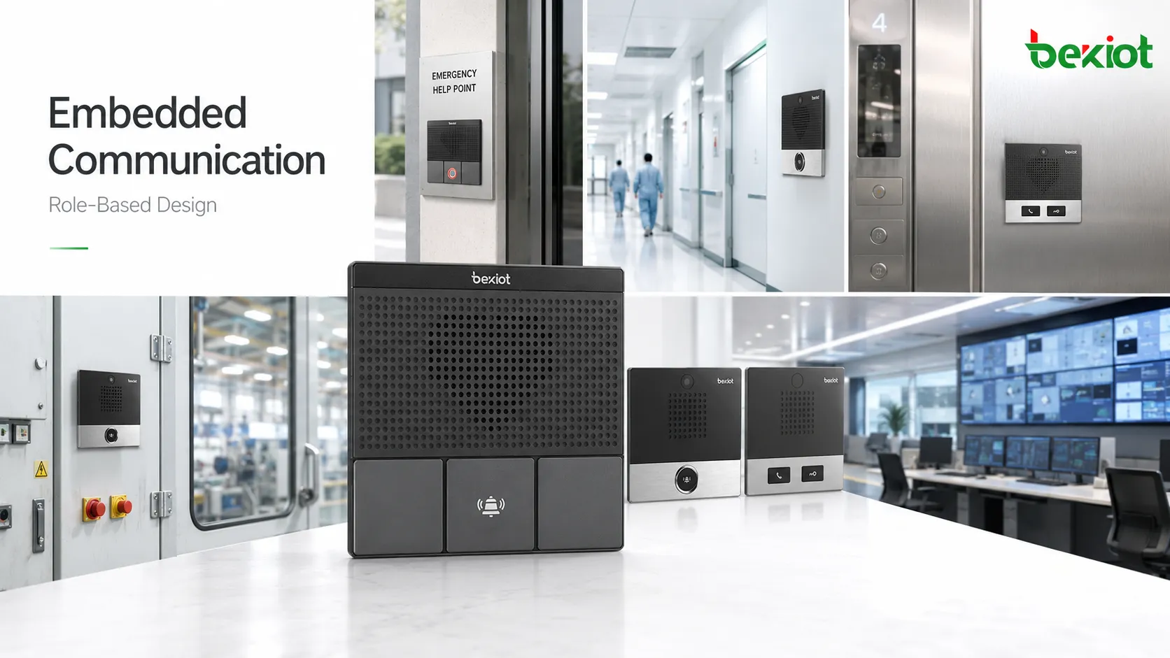 Equipos de comunicación empotrados instalados en paneles de pared, salas de control, salas limpias, puntos de ayuda de ascensores, armarios industriales y estaciones de emergencia públicas con funciones de sistema claras.