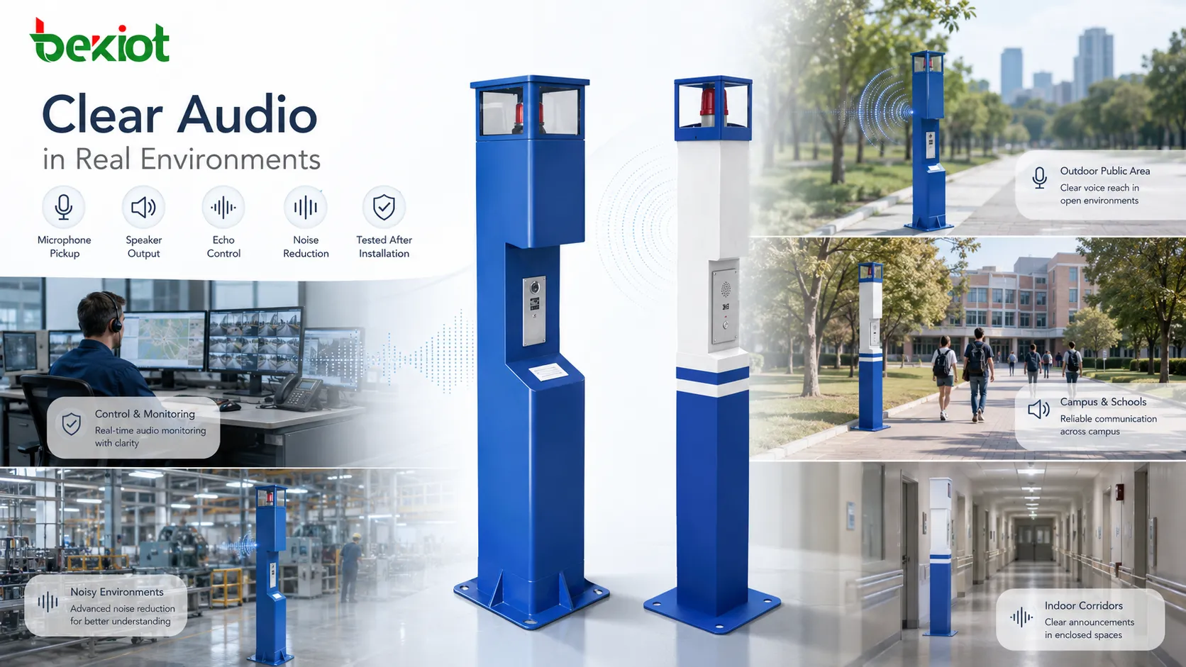 Diseño de audio de equipo de comunicación empotrado que muestra captación de micrófono, salida de altavoz, control de ruido, reducción de eco, instalación en pared y comunicación de voz en sala de control.