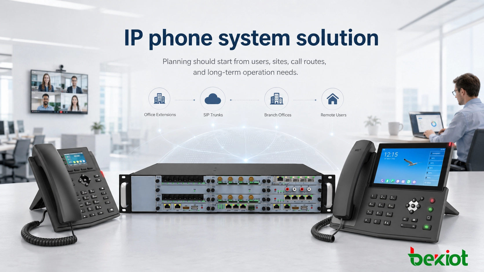 Solución de sistema telefónico IP que conecta extensiones de oficina, troncales SIP, sucursales y usuarios remotos