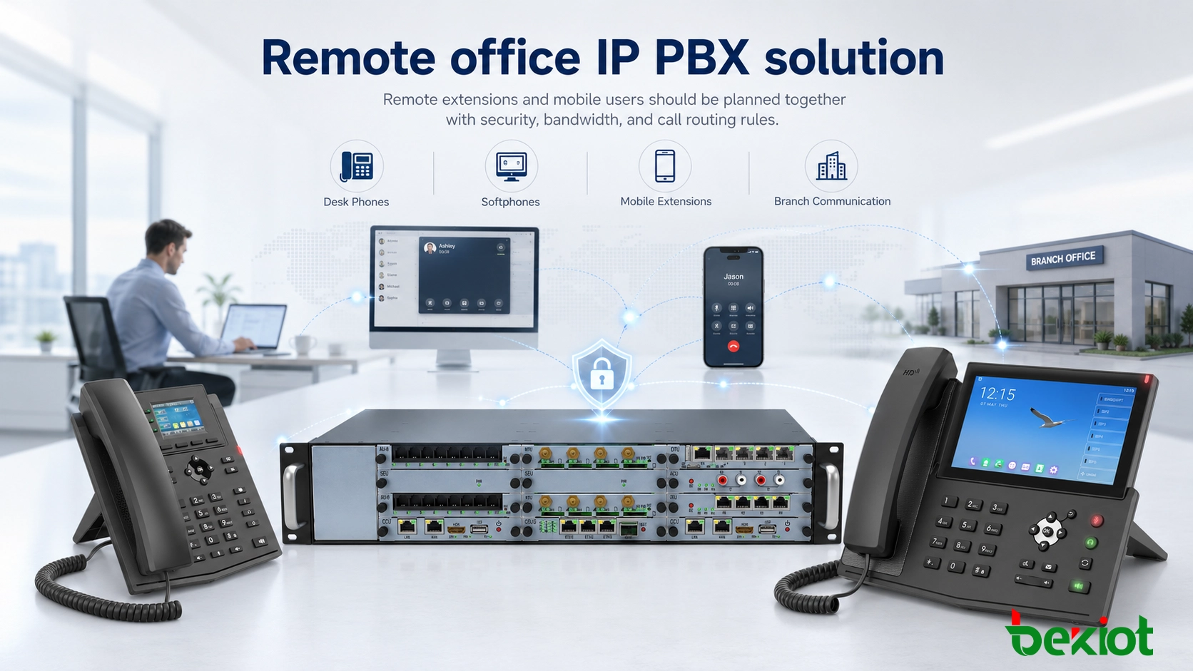 Solución IP PBX para oficina remota con teléfonos de escritorio, softphones, extensiones móviles y comunicación entre sucursales