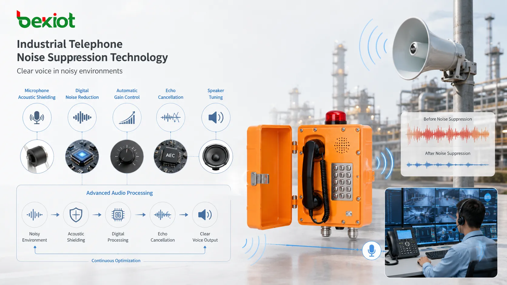 Tecnología de supresión de ruido en teléfono industrial con blindaje acústico del micrófono, reducción digital de ruido, control automático de ganancia, cancelación de eco y ajuste de altavoz