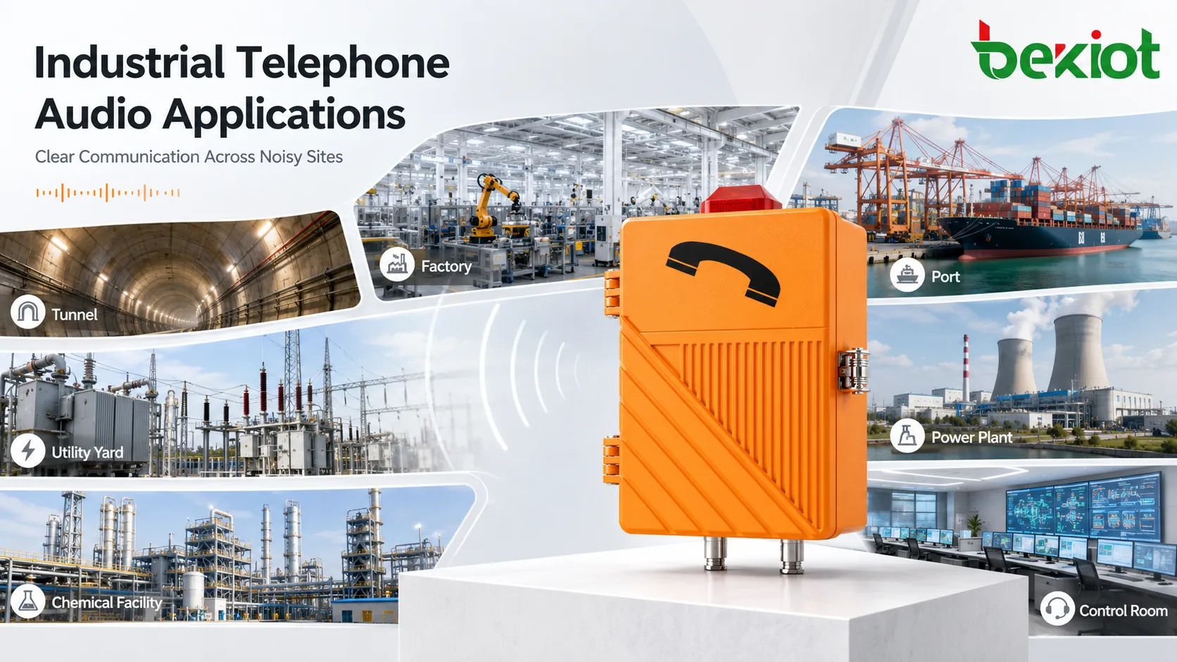 Escenarios de audio para teléfonos industriales con taller, túnel, puerto, patio exterior, planta eléctrica, instalación química y comunicación con sala de control