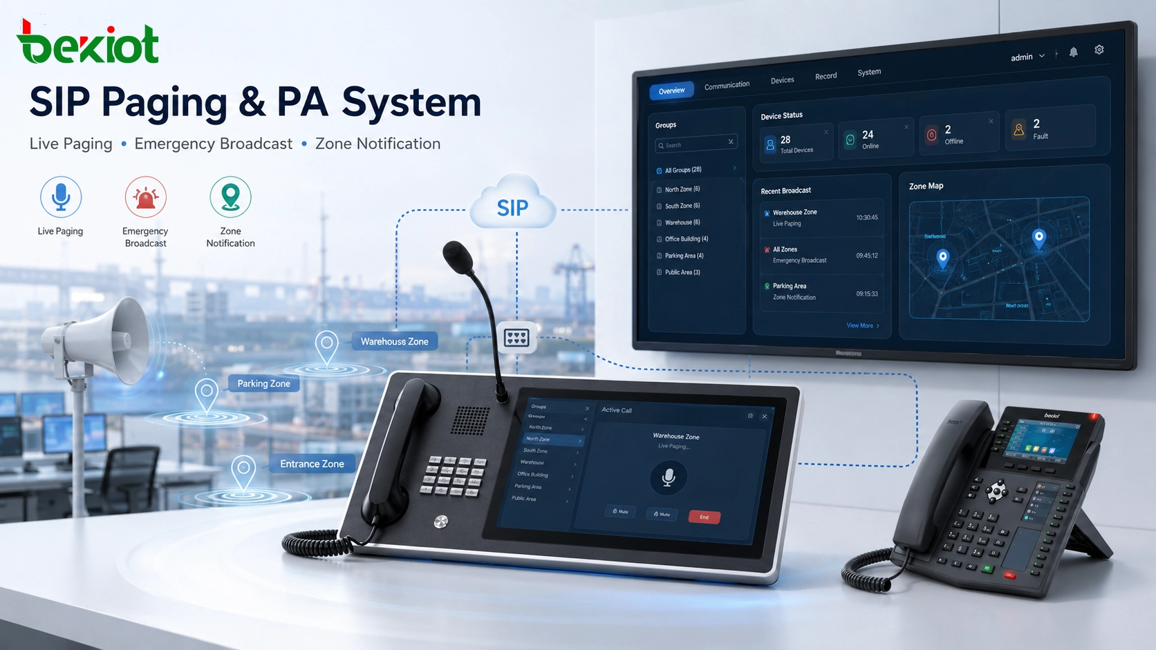 Sistema de megafonía SIP y altavoces públicos conectado con consola de despacho, teléfonos IP y plataforma de comunicaciones de emergencia