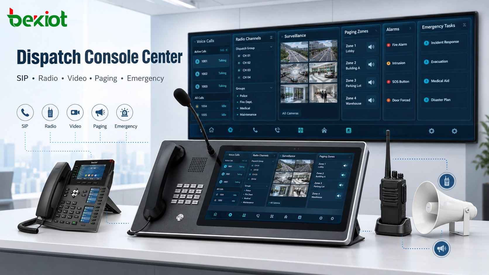 Consola de despacho que gestiona teléfonos SIP, acceso por radio, videovigilancia, megafonía y comunicaciones de emergencia